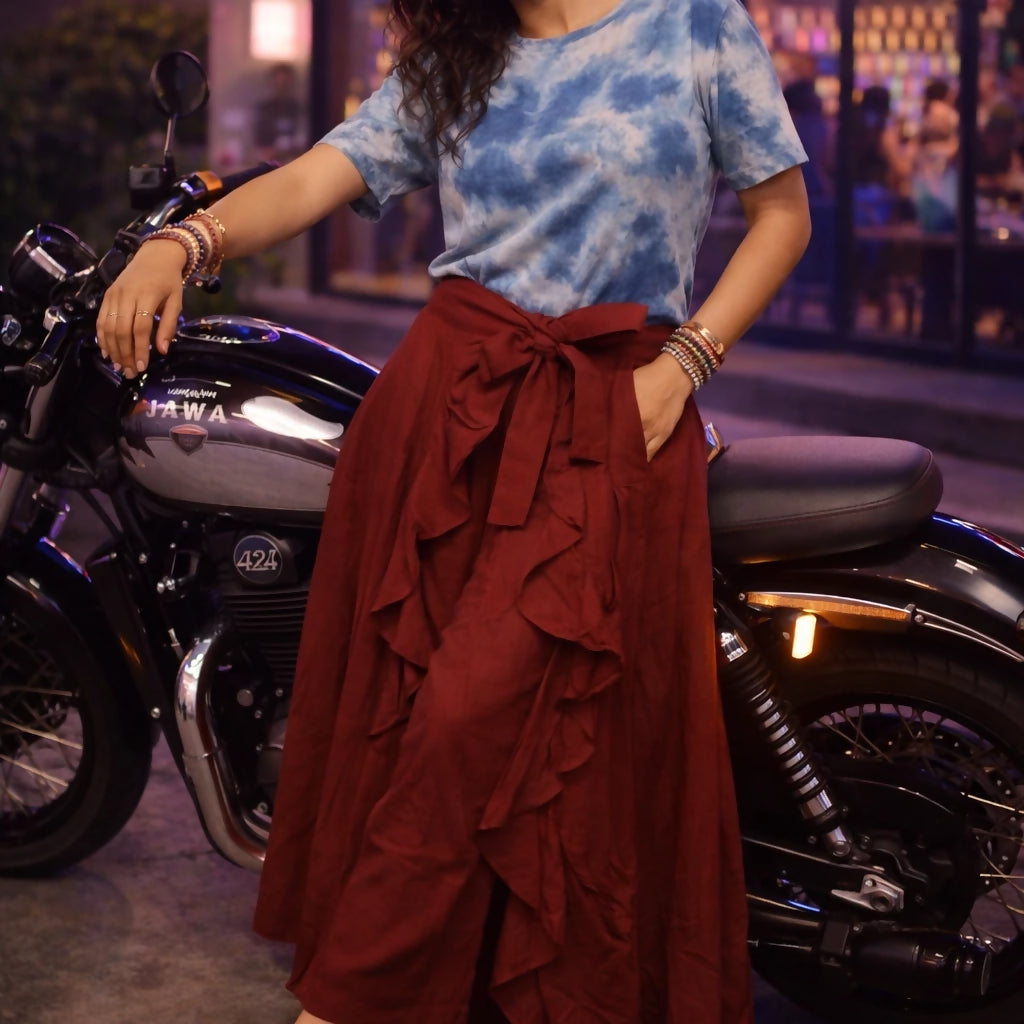 KALEIDOS - Rich Maroon Waist Tie-Up Ruffled Maxi Skirt with Attached Trousers.