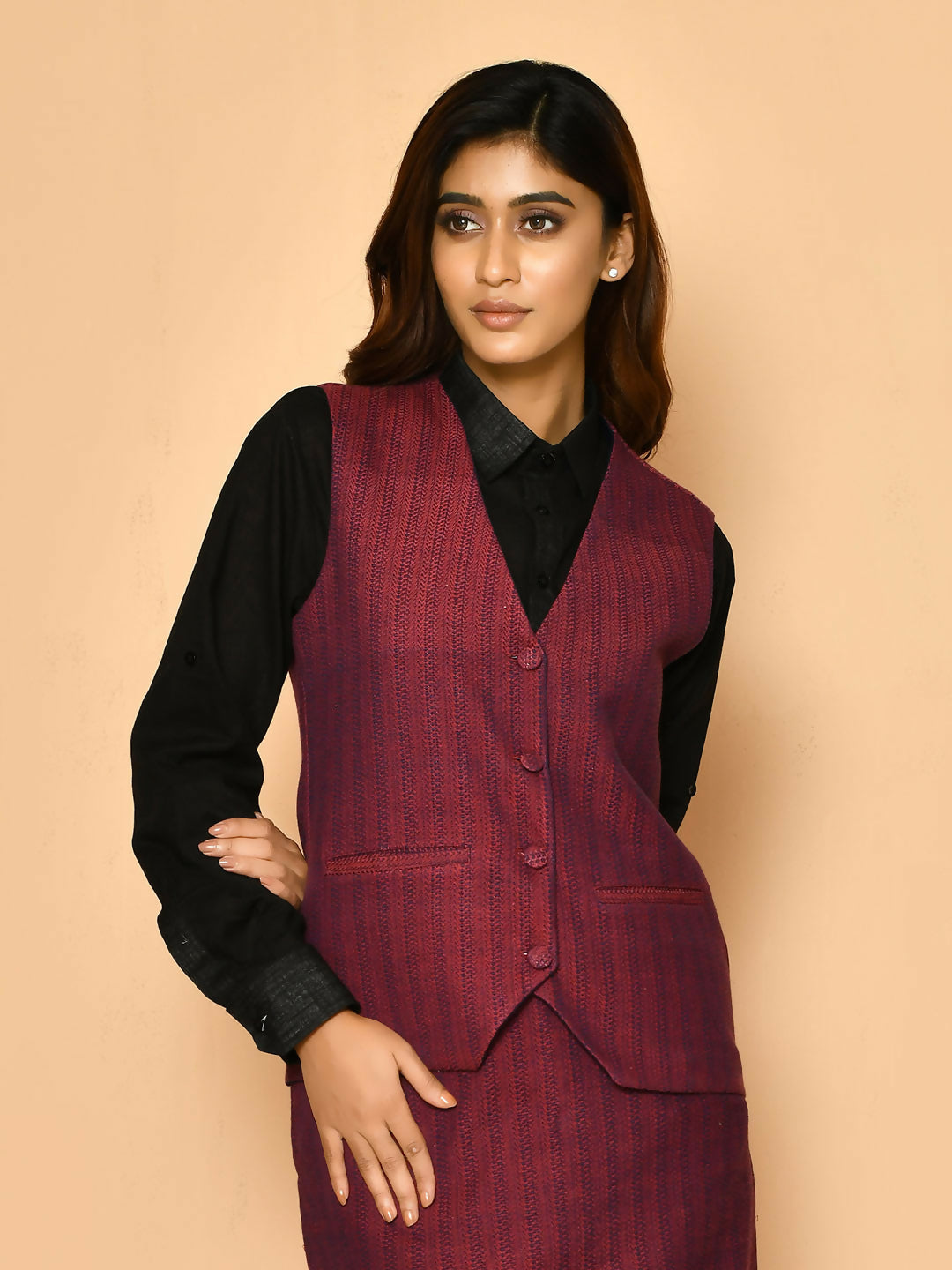 Red V-neck waist coat cotton jacket for ladies