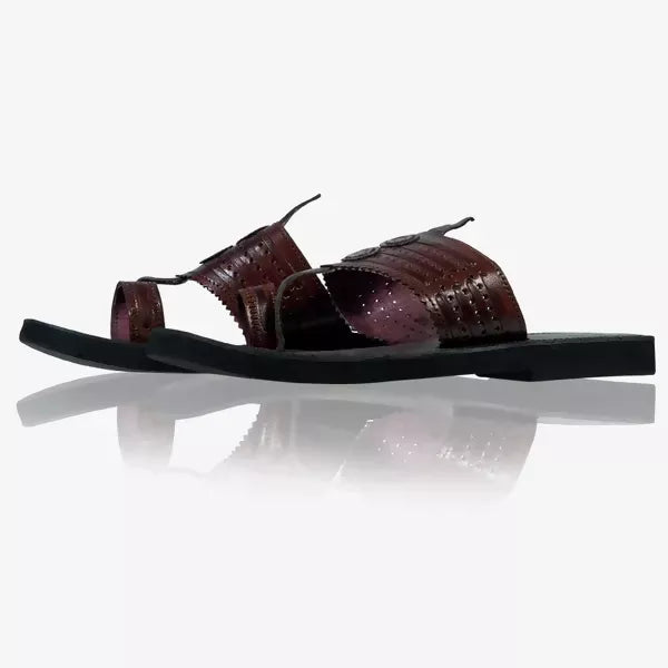 Royal Brown Leather Handicraft Self Design Kolhapuri Sandal For Women