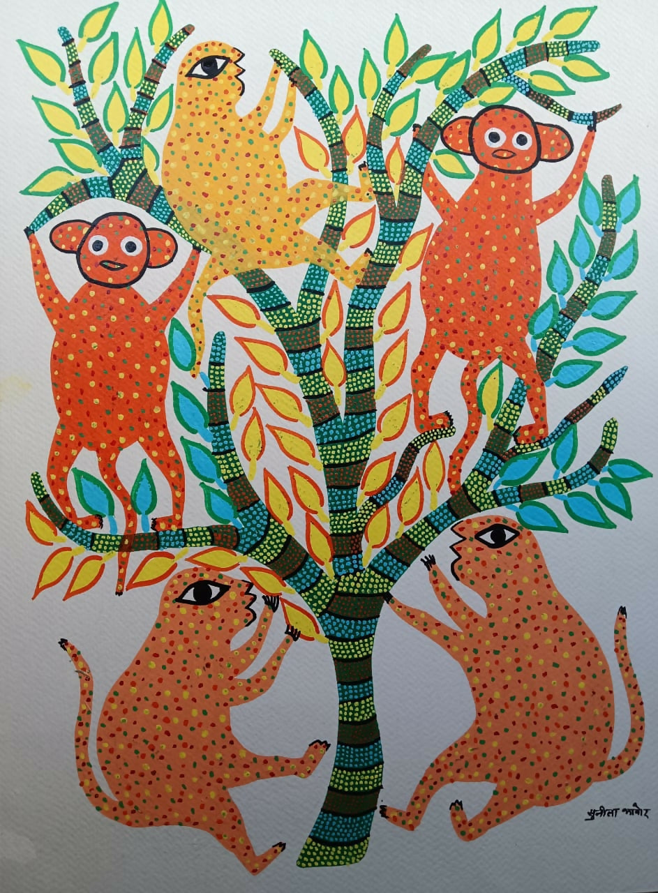 Playful Tree Climbers- Pithora Painting