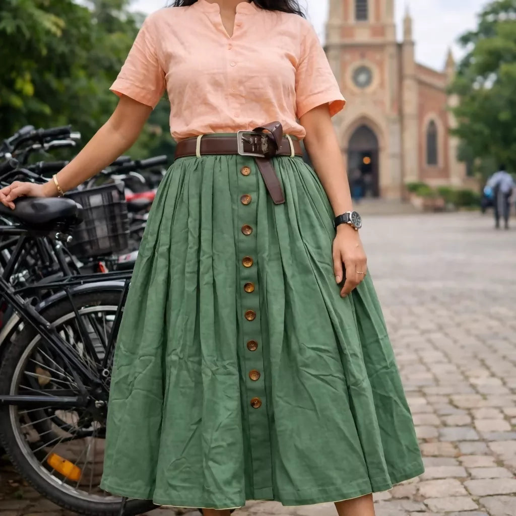 NEBULA Olive Green Corset Midi Skirt – Buttoned A-Line Pleated Skirt with Pockets