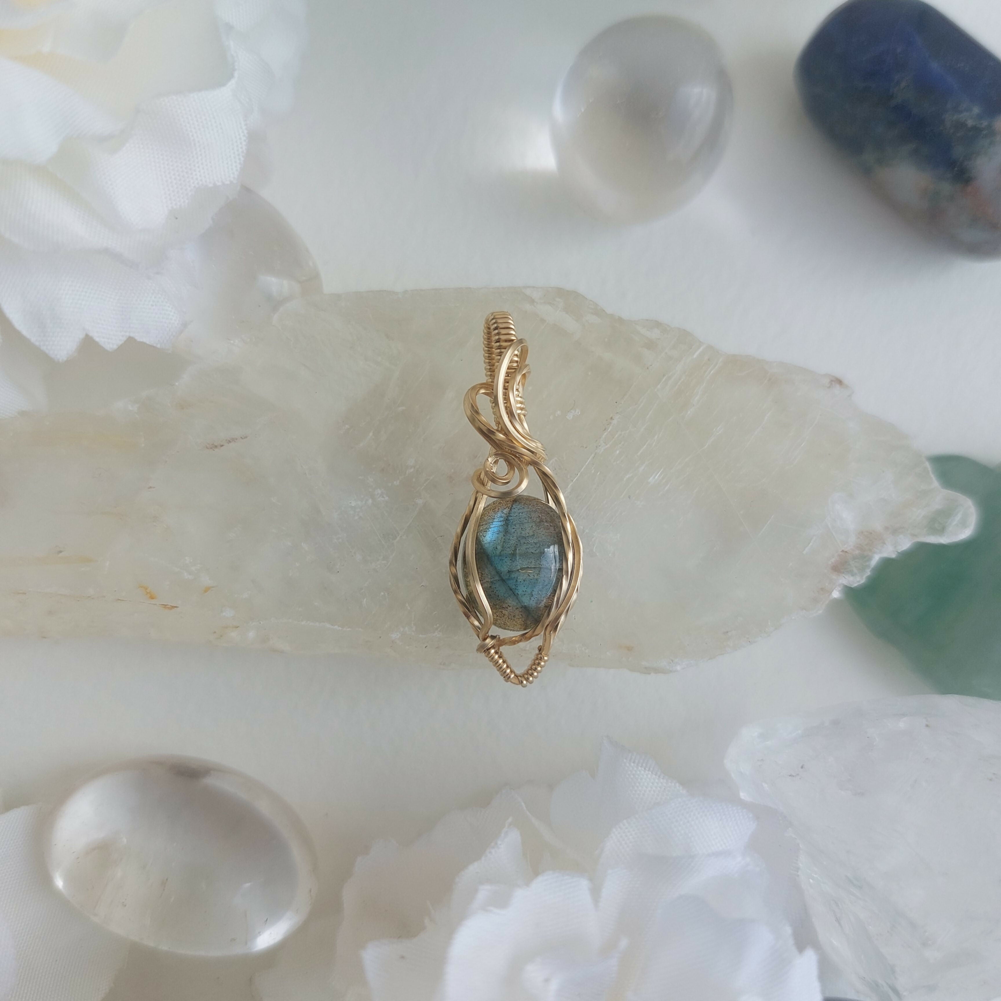Blue flash labradorite wire wrapped handmade gold-filled pendant