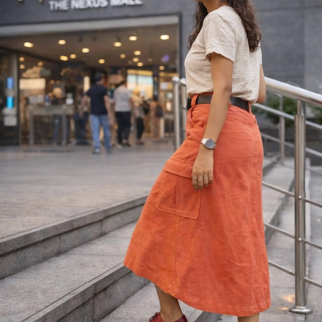 ORANGE GRUNGE - High Waist Bright Saffron Solid Tone Cargo Skirt in knee length .