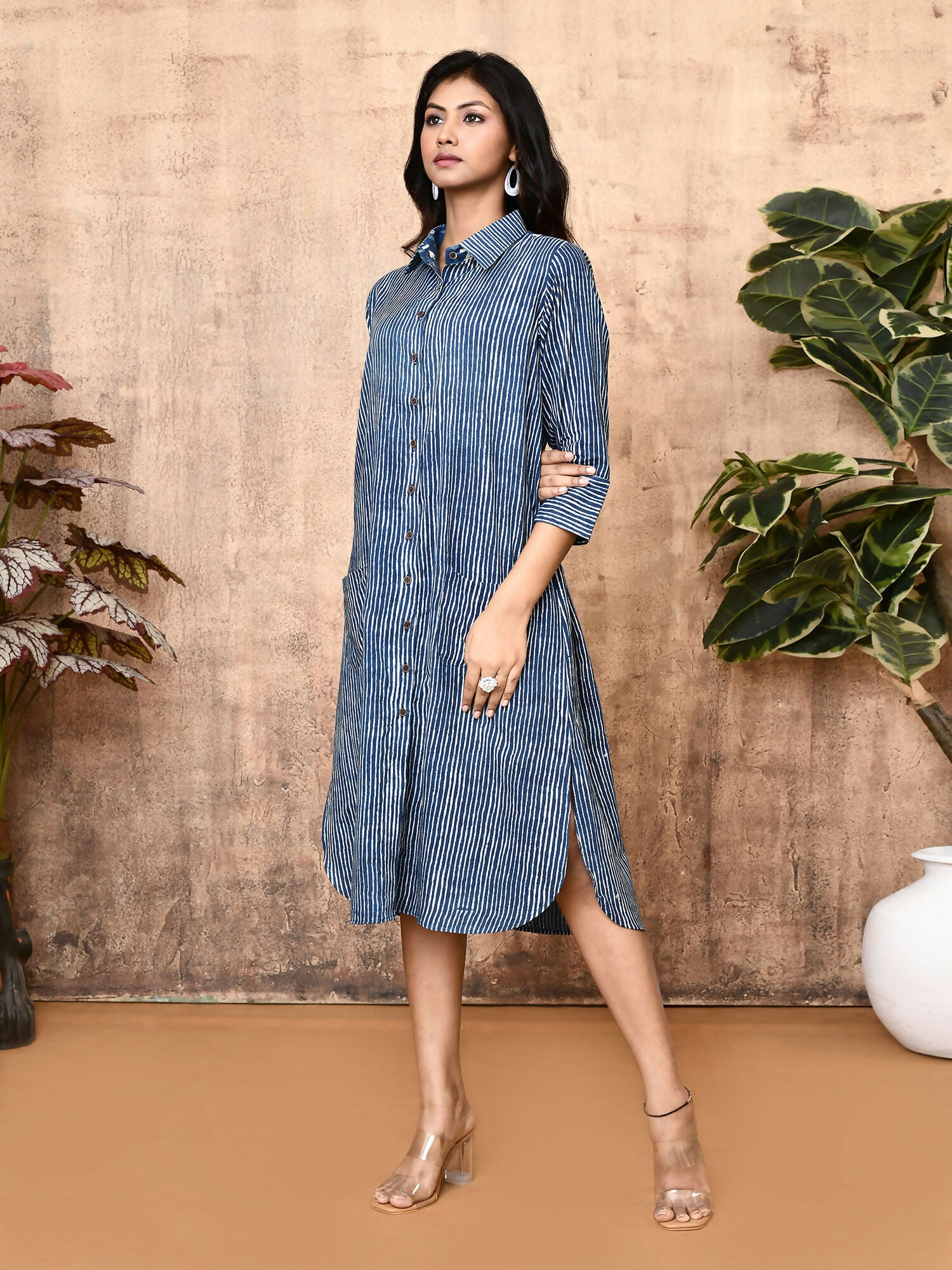Arika Indigo Block Printed Cotton Long Shirt Dress