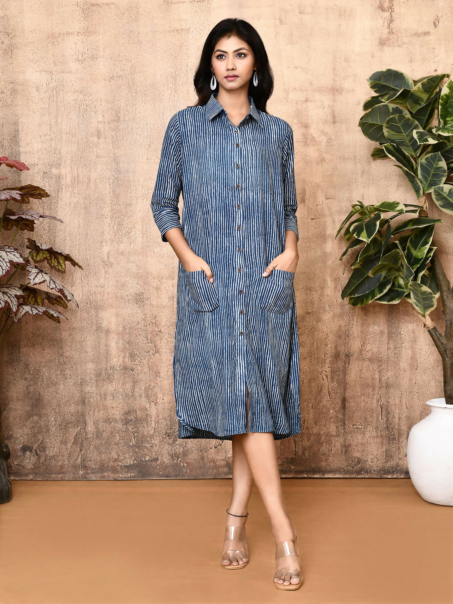 Arika Indigo Block Printed Cotton Long Shirt Dress