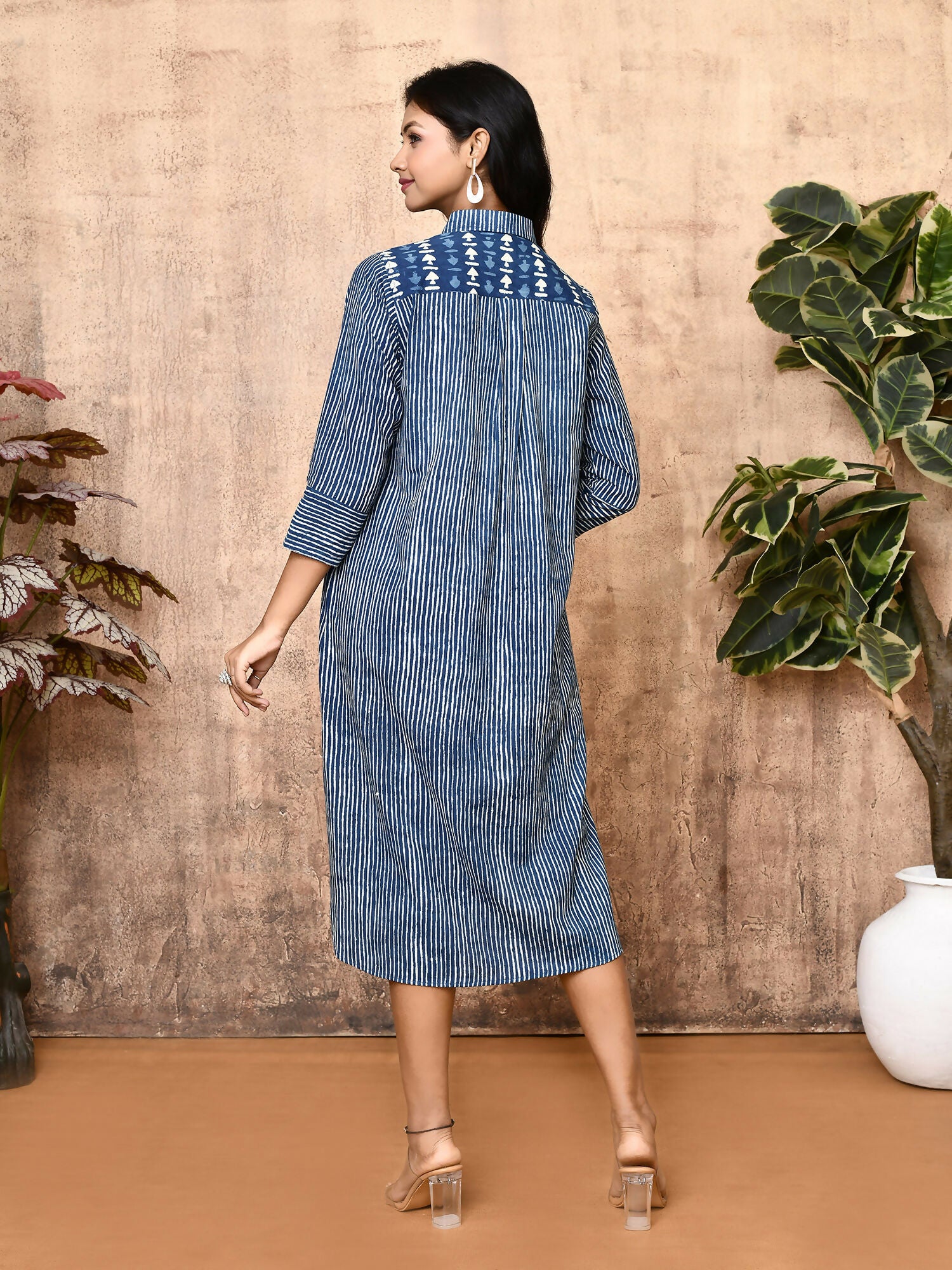 Arika Indigo Block Printed Cotton Long Shirt Dress