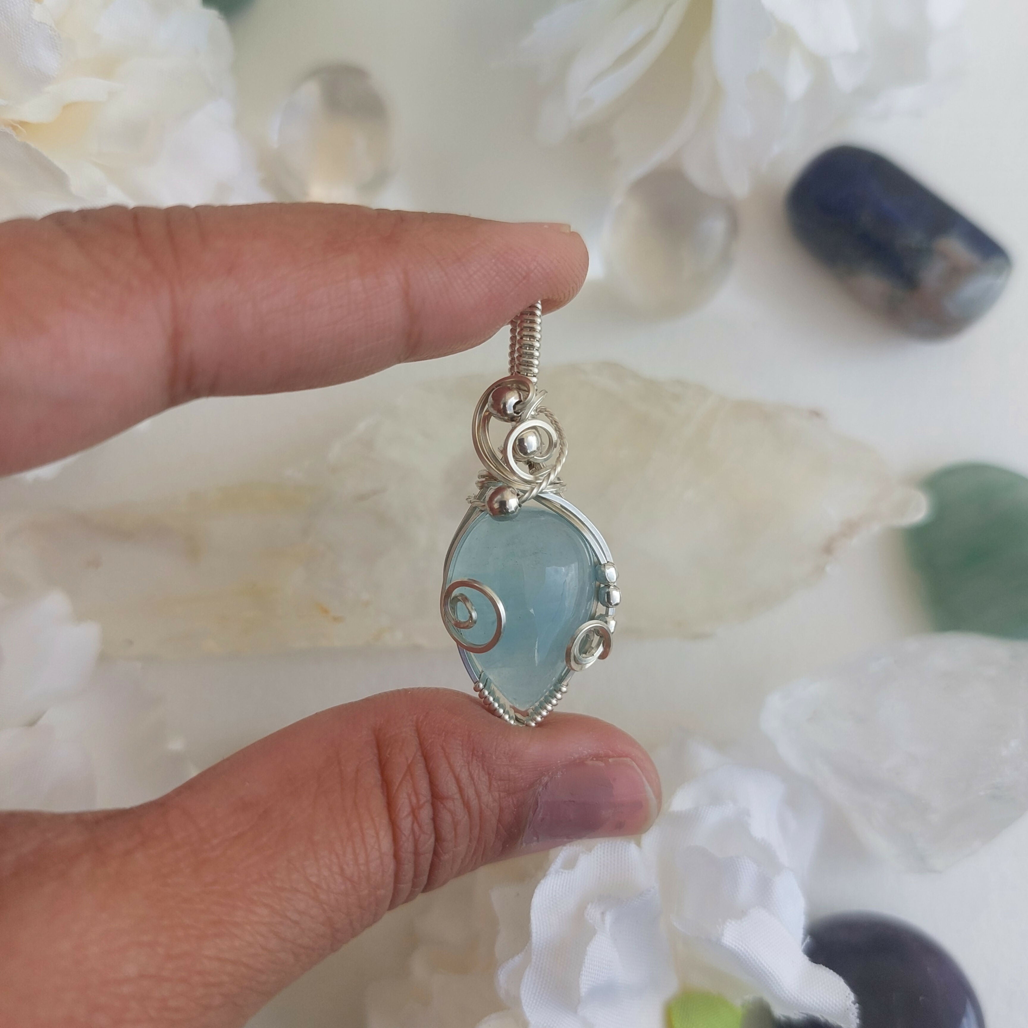 Aquamarine sterling silver wire wrapped handmade sterling silver pendant