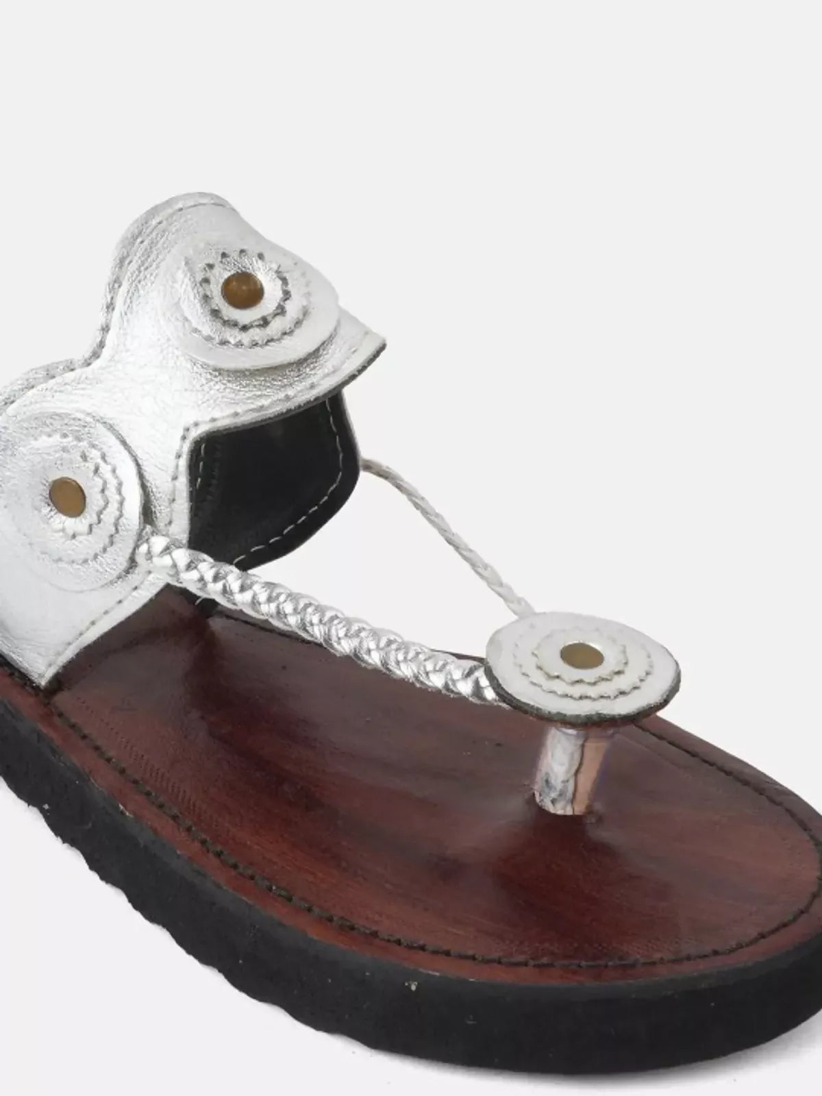 Silver Leather Handicraft Kolhapuri Sandal For Women