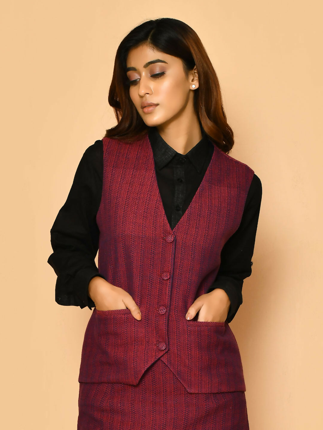 Red V-neck waist coat cotton jacket for ladies