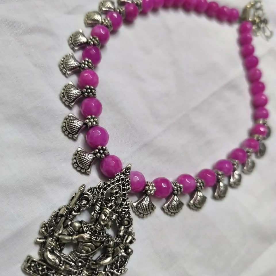 Bright Pink Agates with Oxidised Pendant & charms