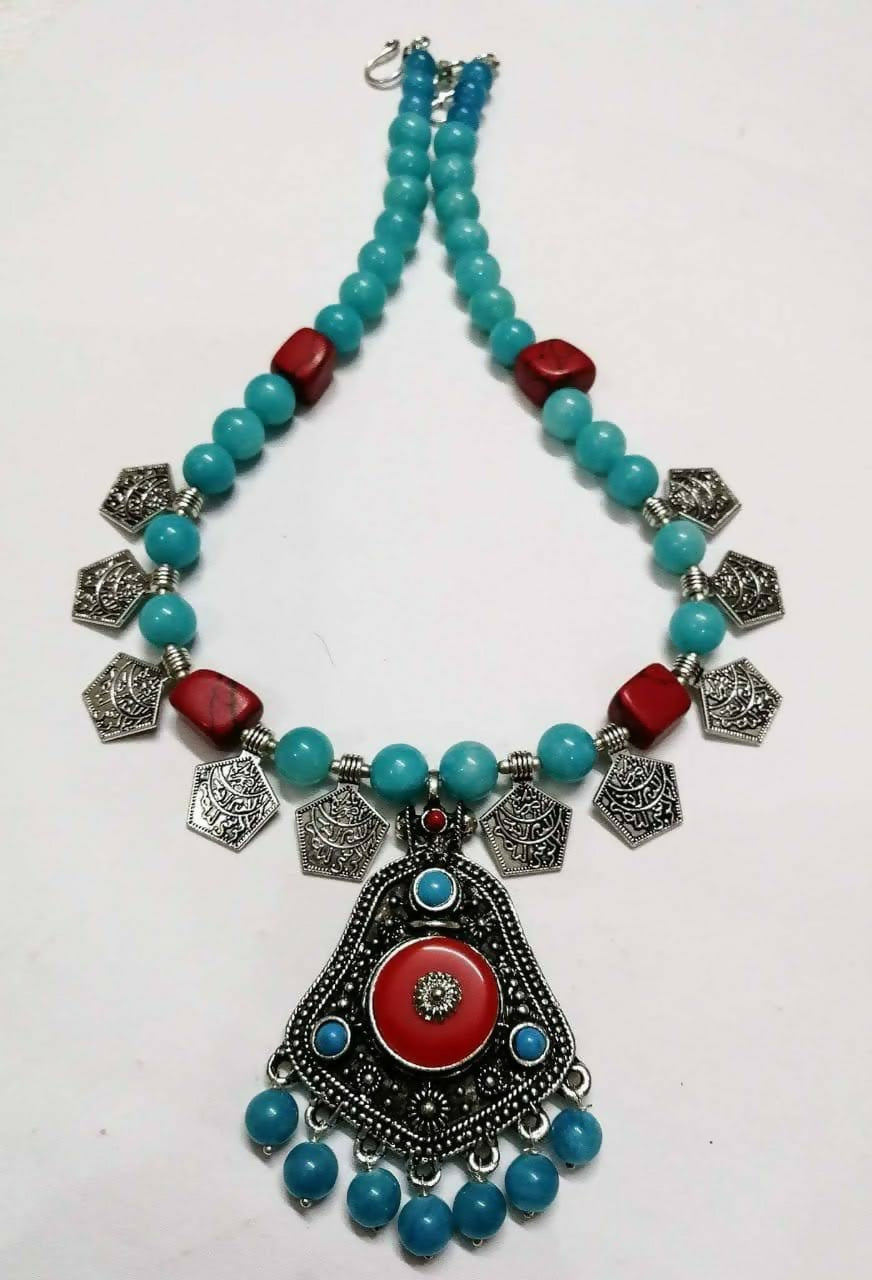 Sky blue Round Agate beads necklace with matching Tribal pendant