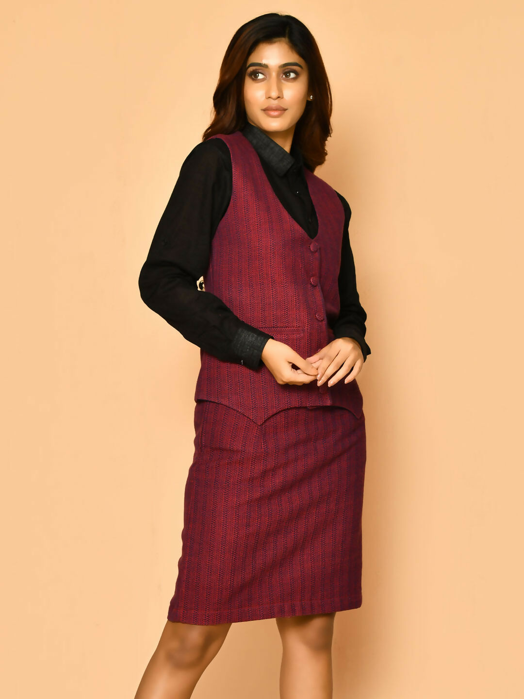 Red V-neck waist coat cotton jacket for ladies