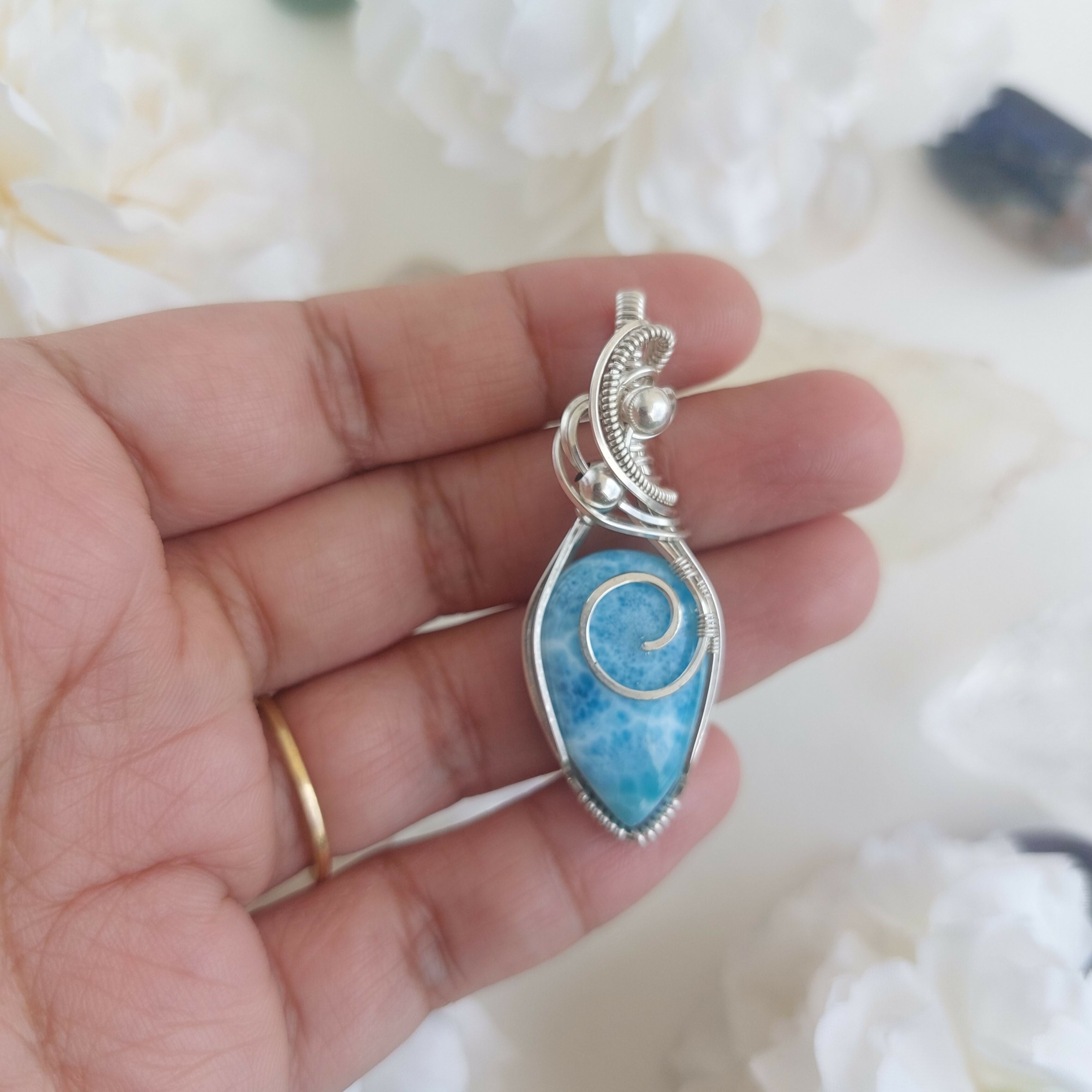 Larimar sterling silver wire wrapped handmade pendant