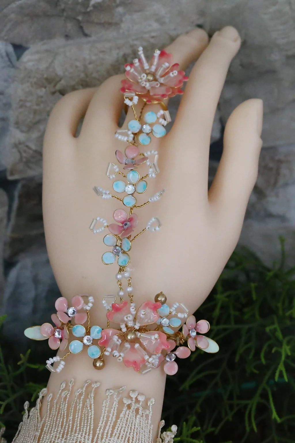 Seraphina’s Bloom – Handmade Resin Floral Haathphool with Finger Ring in Blush Pink, Aqua & Gold