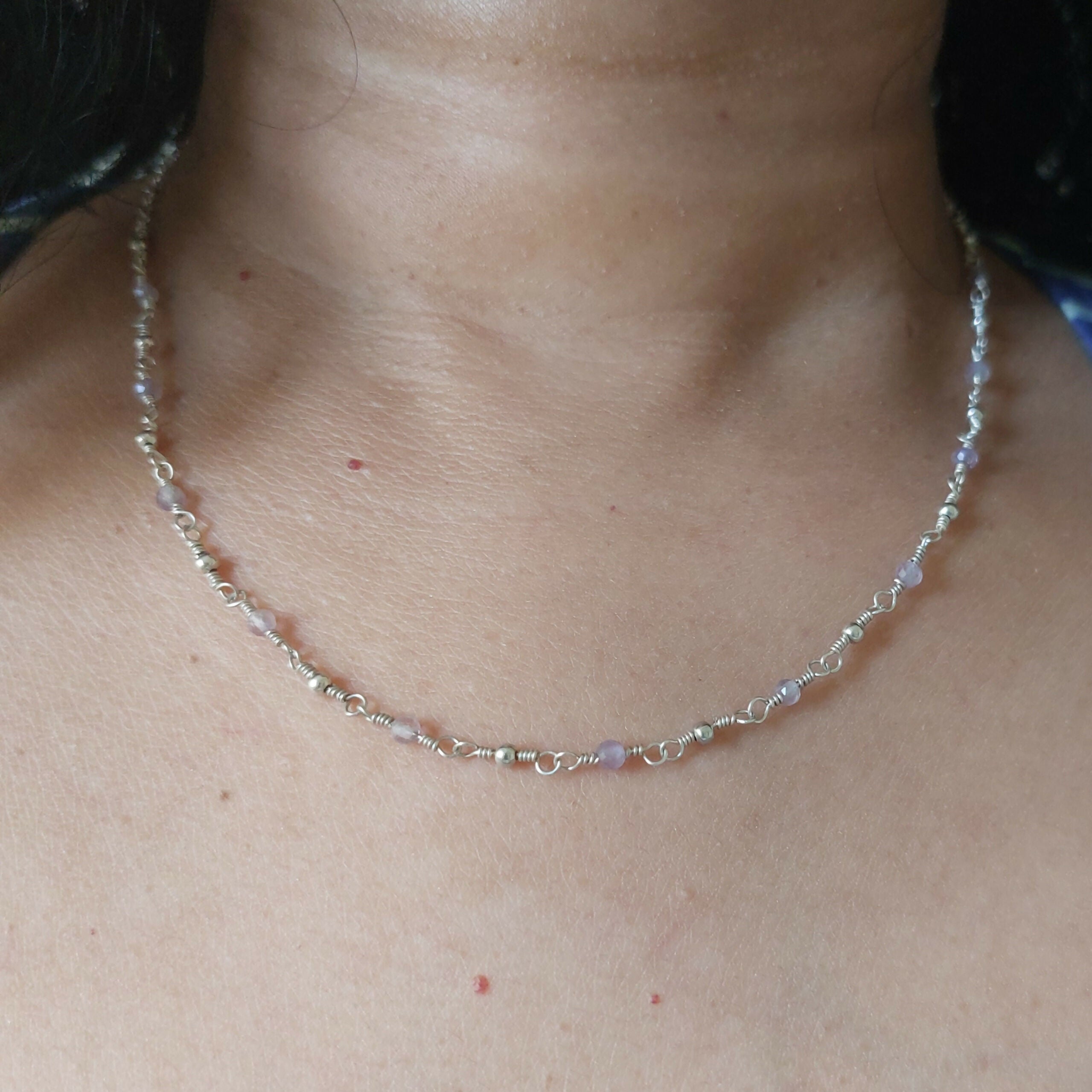 Amethyst sterling silver wire wrapped handmade beaded chain