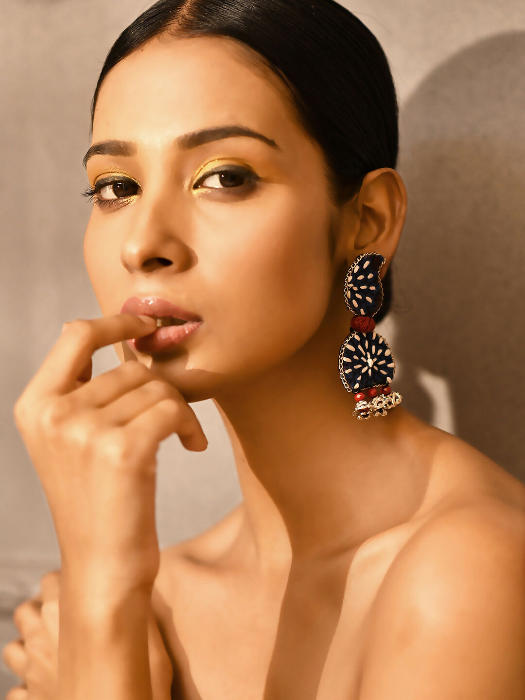 Indigo paisley embroidered handmade fabric earring