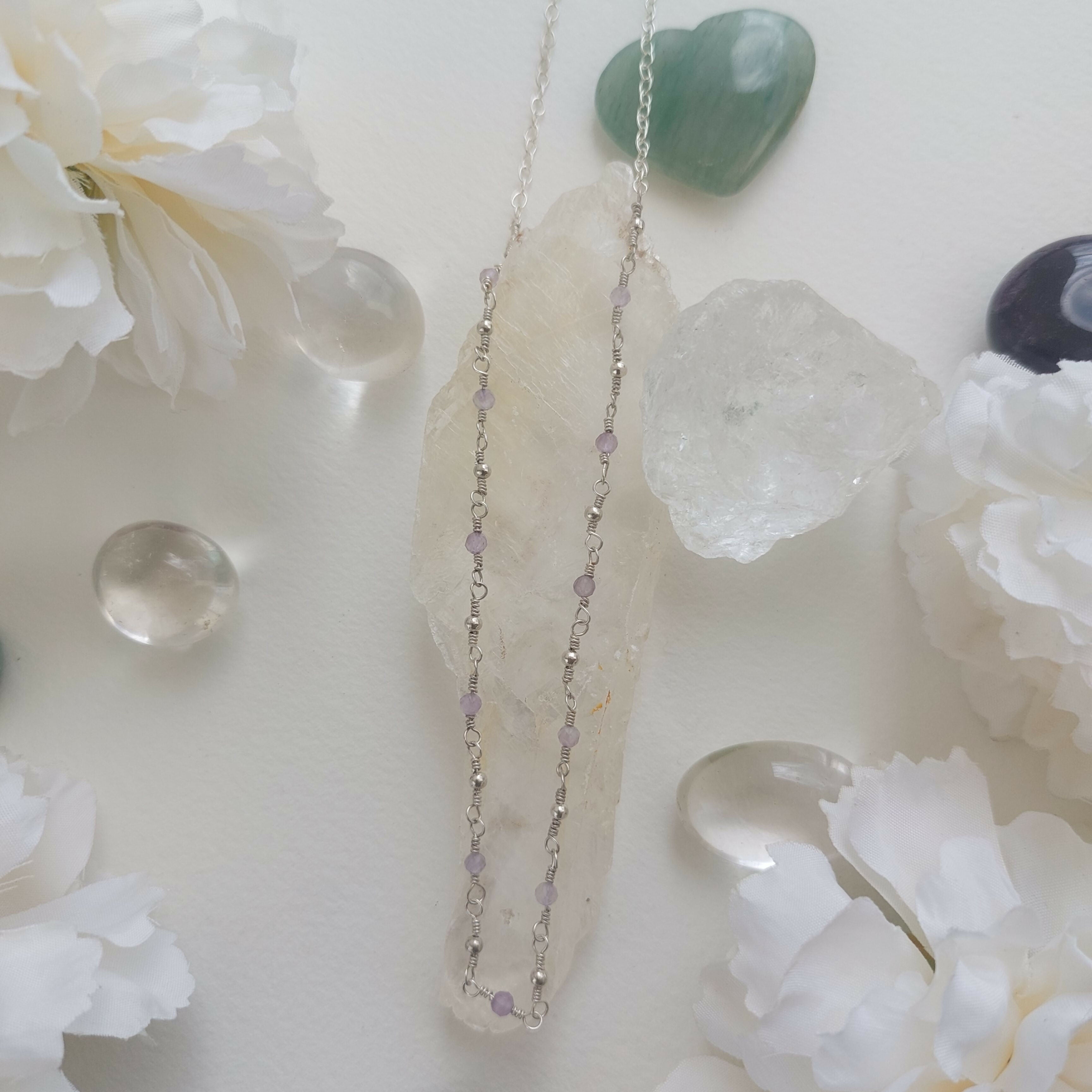 Amethyst sterling silver wire wrapped handmade beaded chain