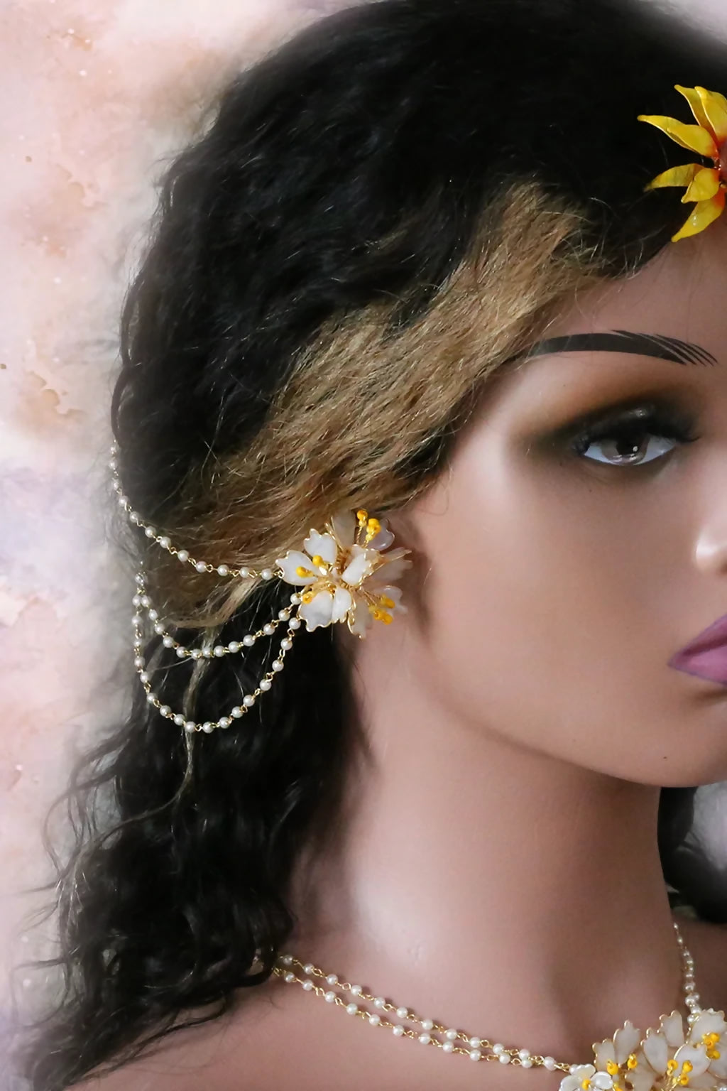 Vaishnavi’s White Blossom – Minimalist Resin Floral Bridal Earrings with Hair Harness | Sunflower Serenity Collection