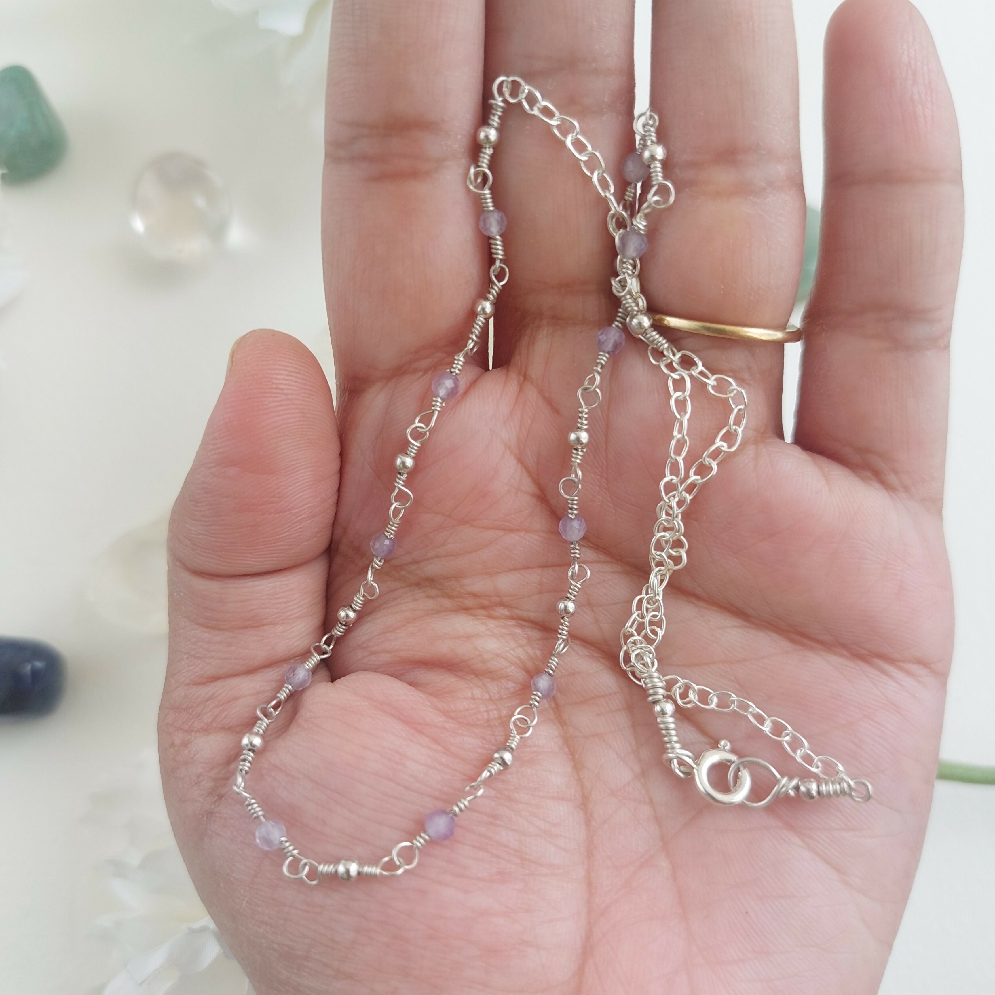 Amethyst sterling silver wire wrapped handmade beaded chain