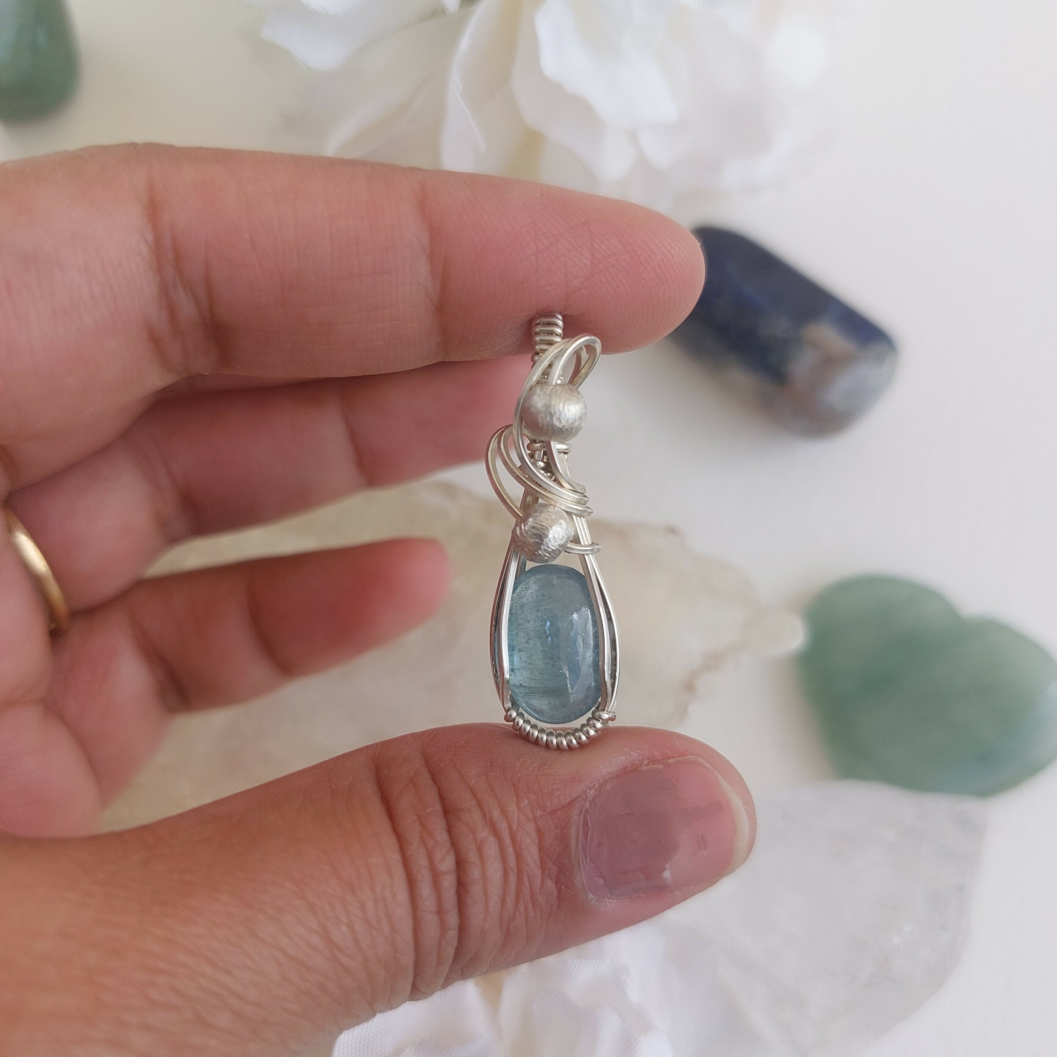 Aqua Kyanite wire wrapped handmade sterling silver pendant