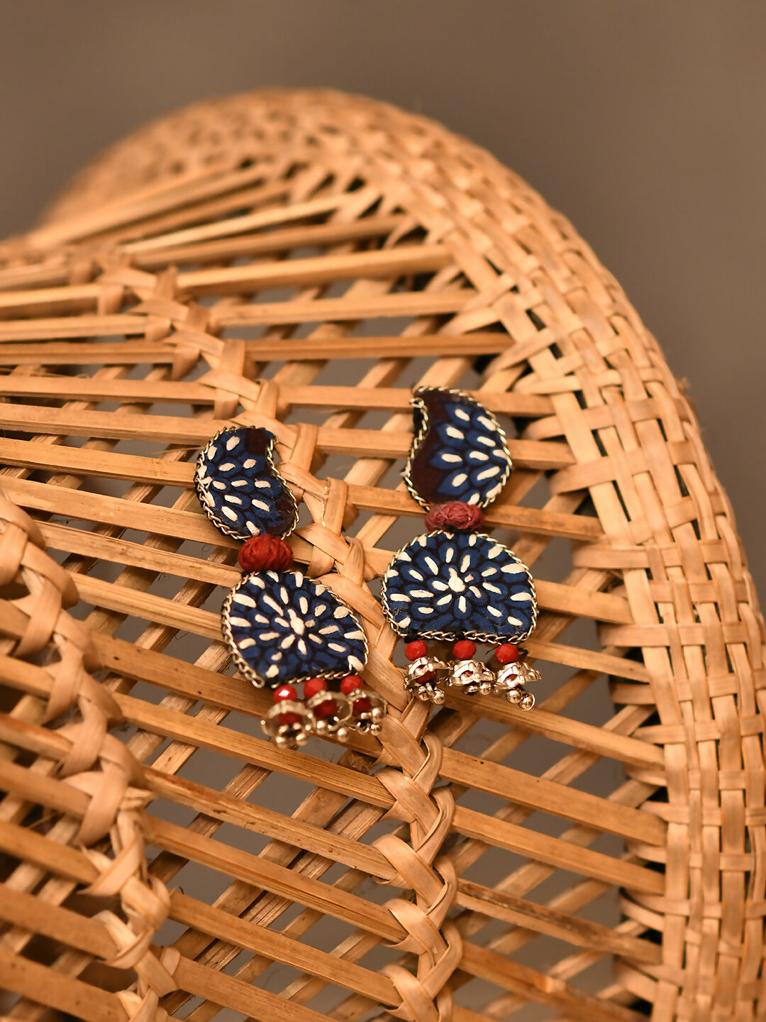 Indigo paisley embroidered handmade fabric earring