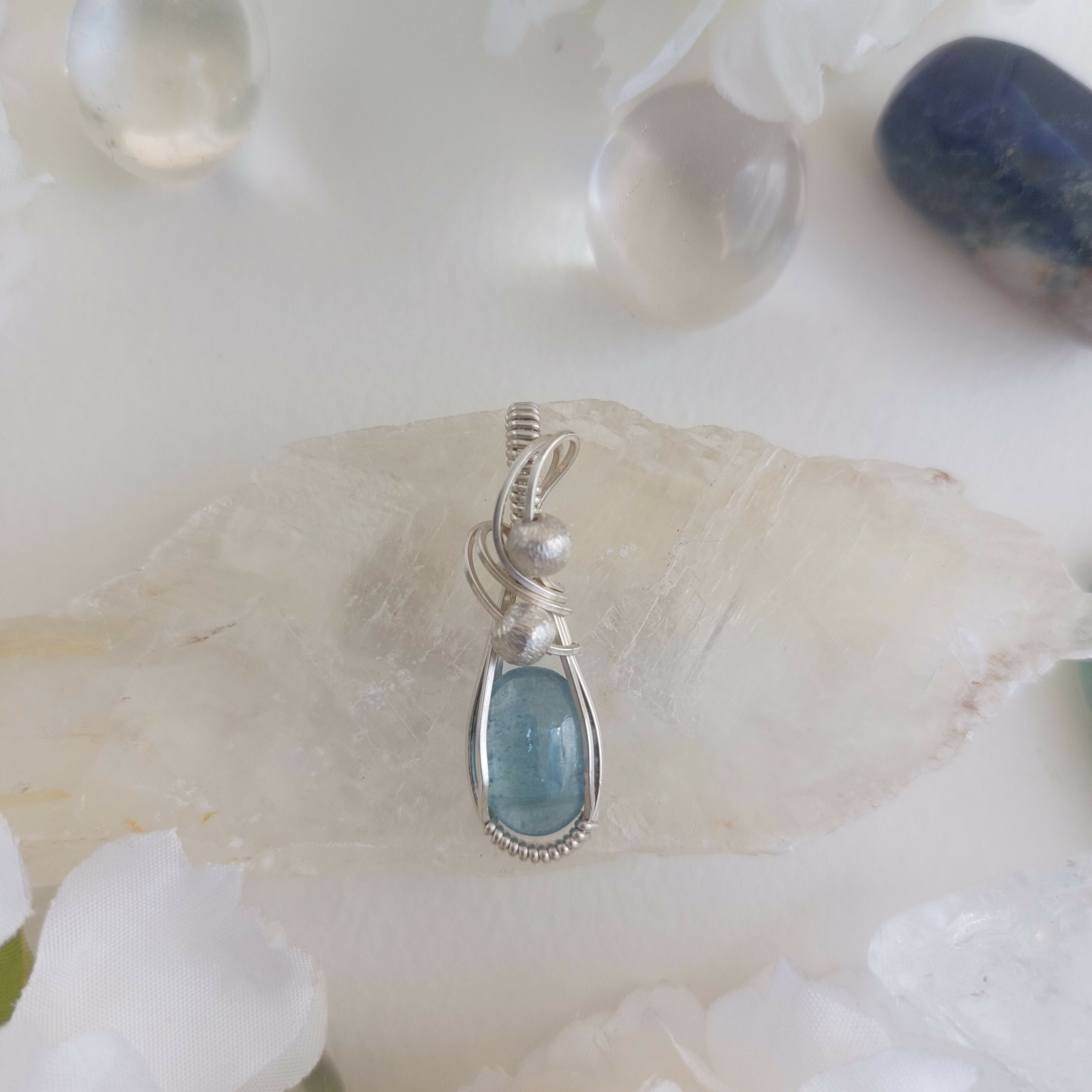 Aqua Kyanite wire wrapped handmade sterling silver pendant