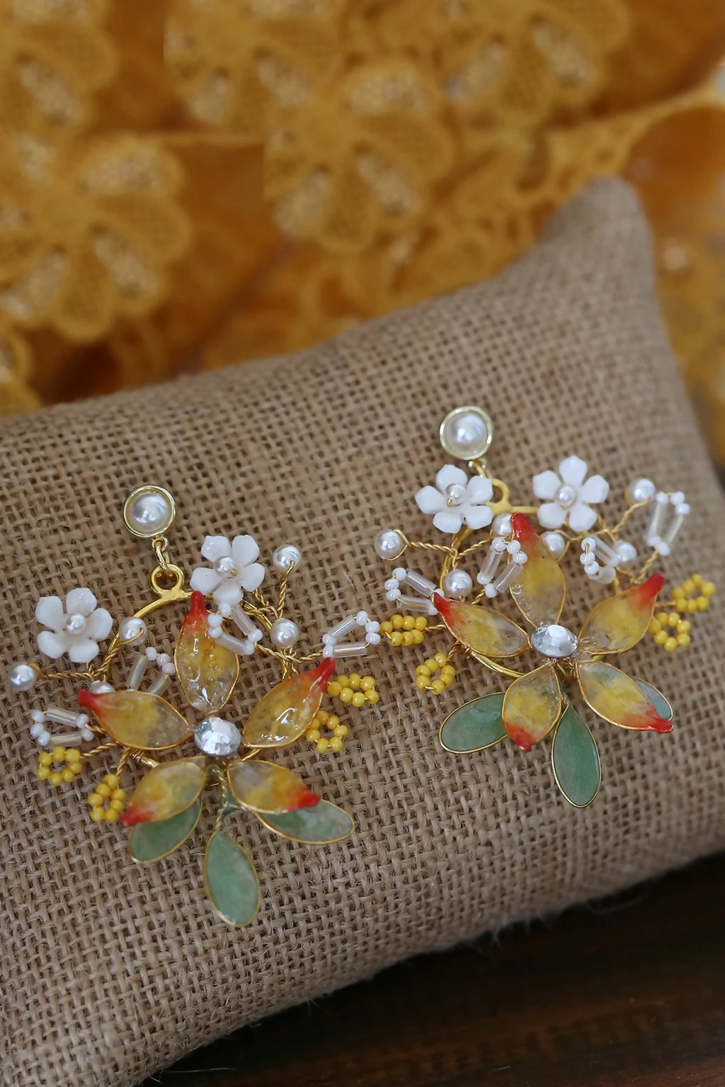 Cleopatra’s Haldi Bloom – Handmade Resin Flower Bridal Earrings | Lightweight Customizable Gold-Plated Jewelry for Haldi Ceremony
