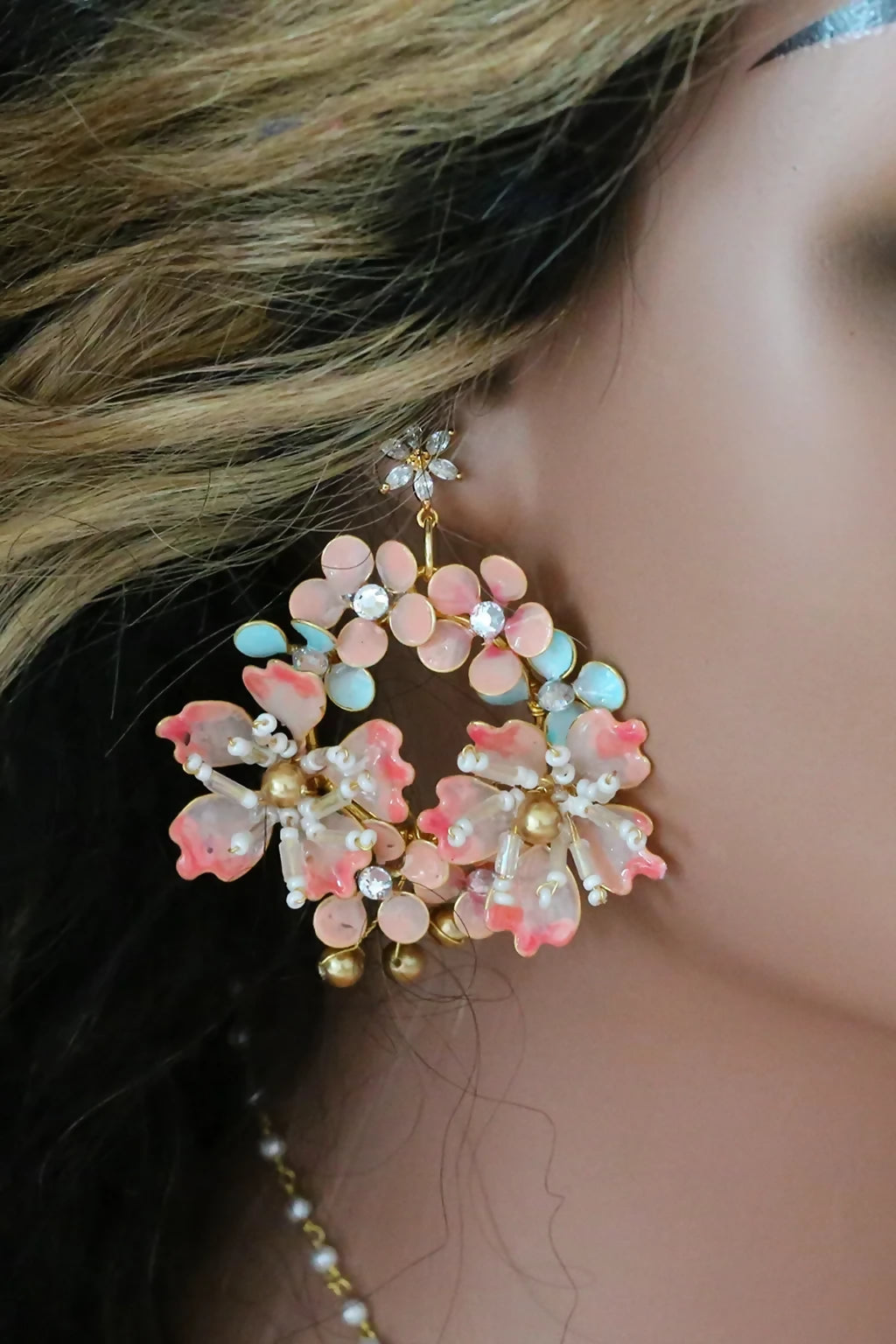 Seraphina’s Bloom – Handmade Resin Floral Bridal Earrings in Blush Pink, Aqua & Gold-Plated Copper