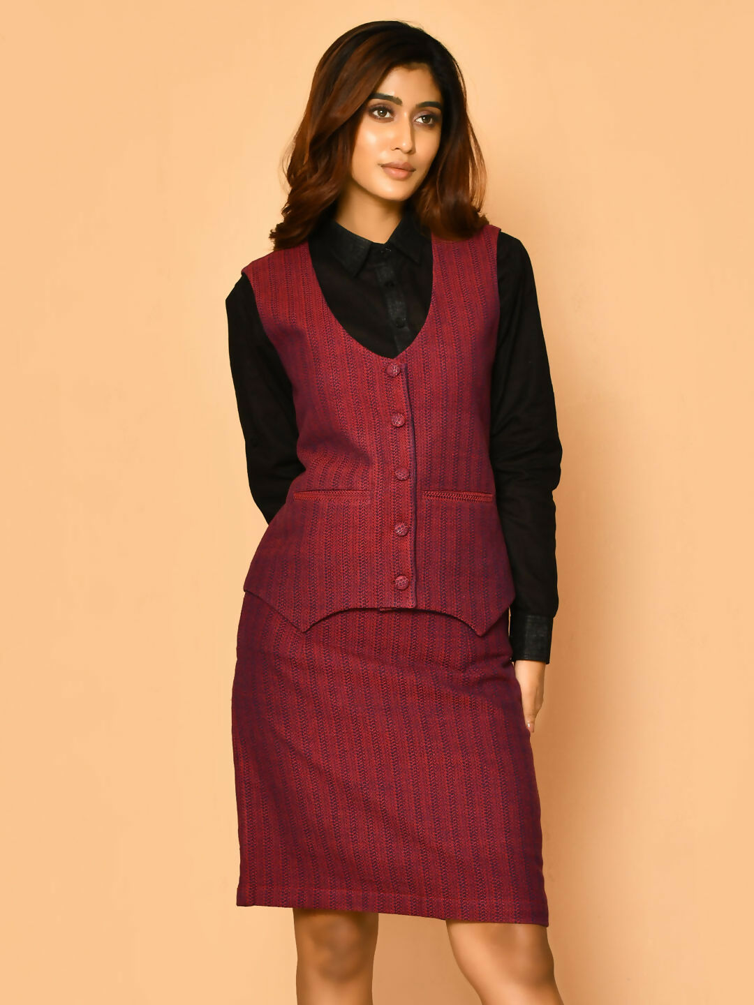 Red V-neck waist coat cotton jacket for ladies
