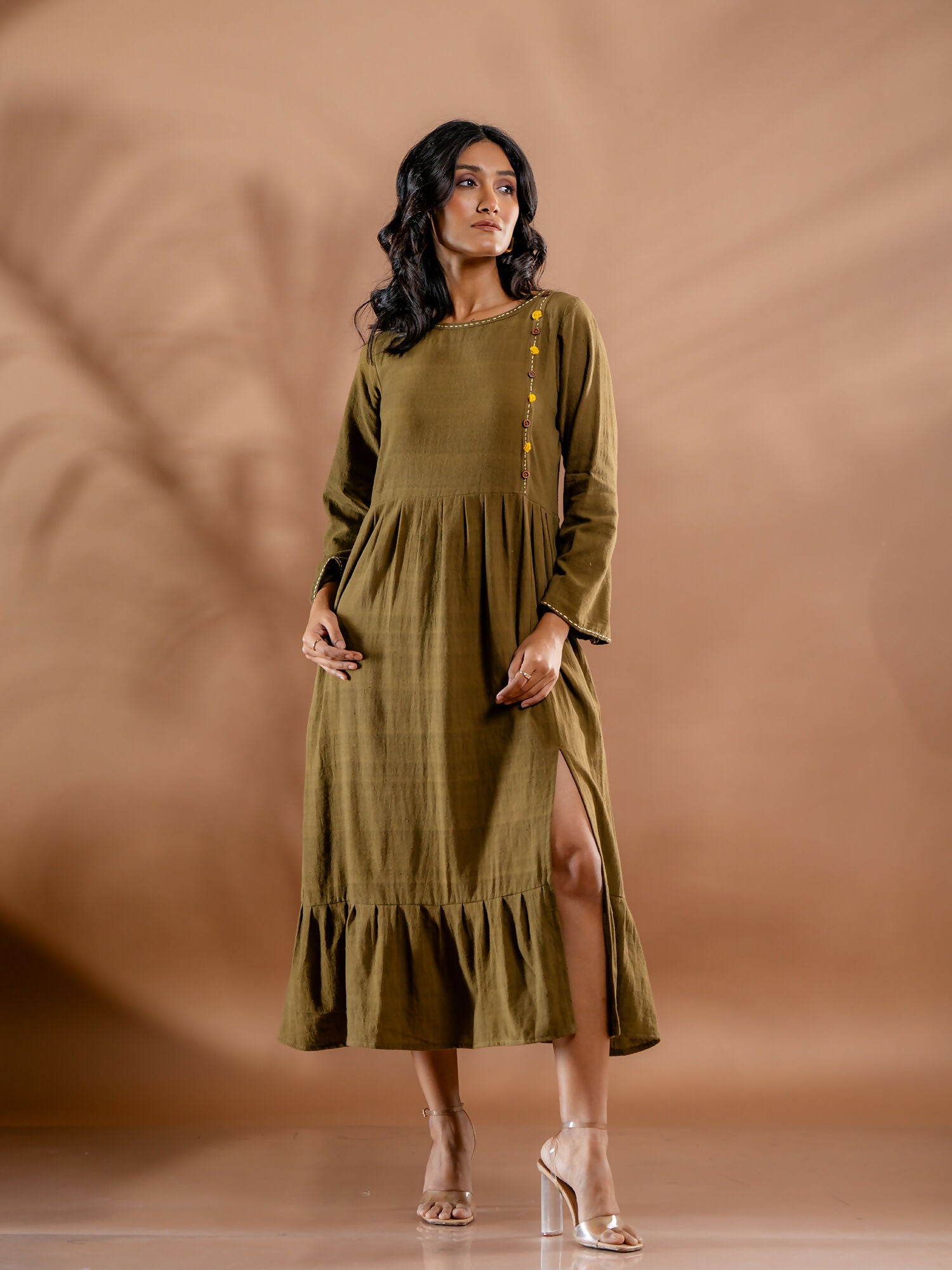 Aranya Embroidered Olive Kala Cotton Dress