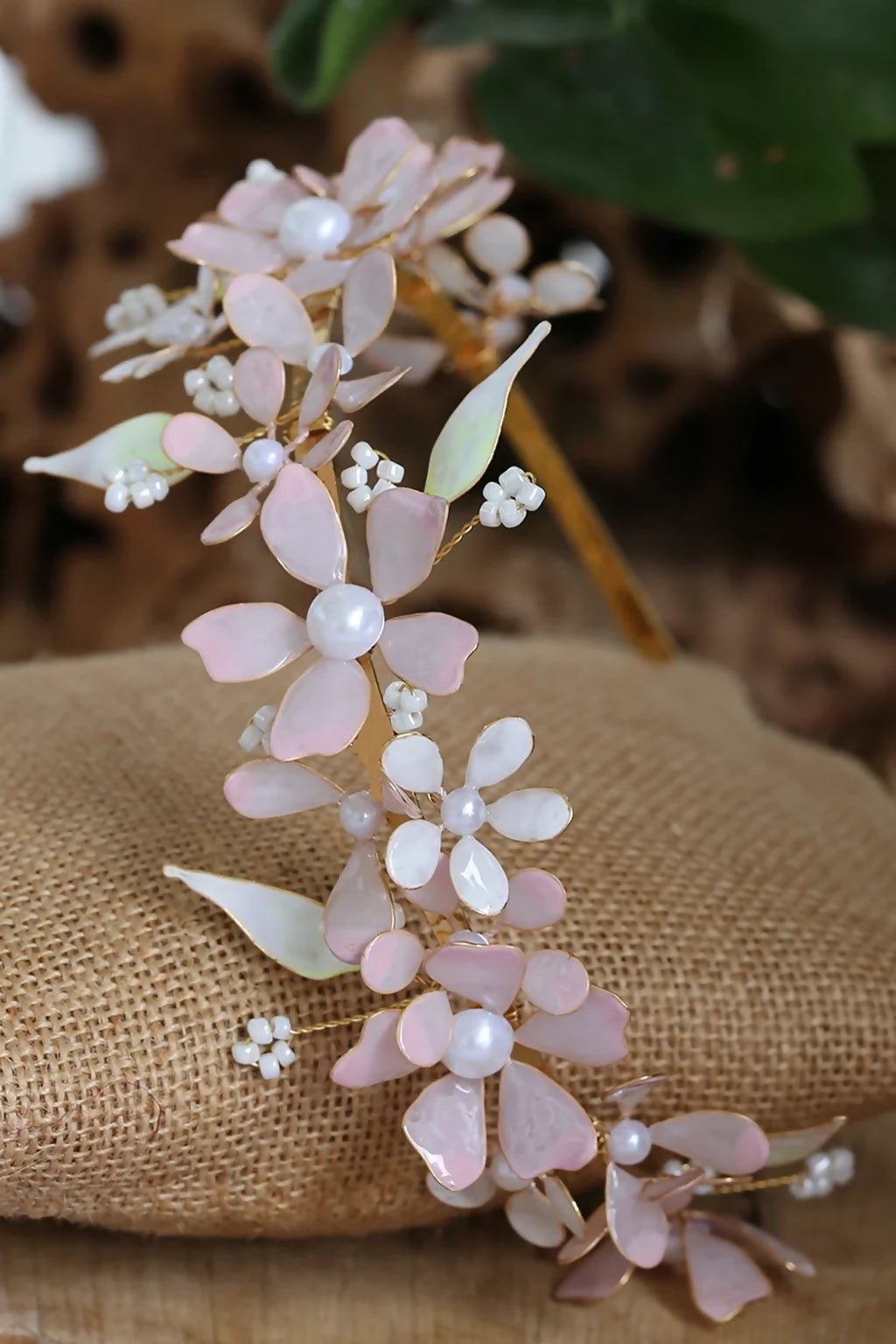 Aurora’s Whisper – Handmade Customizable Light Pink Resin Floral Bridal Headband