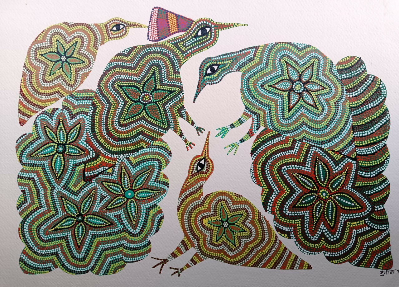 Floral Feather Harmony- Pithora Painting