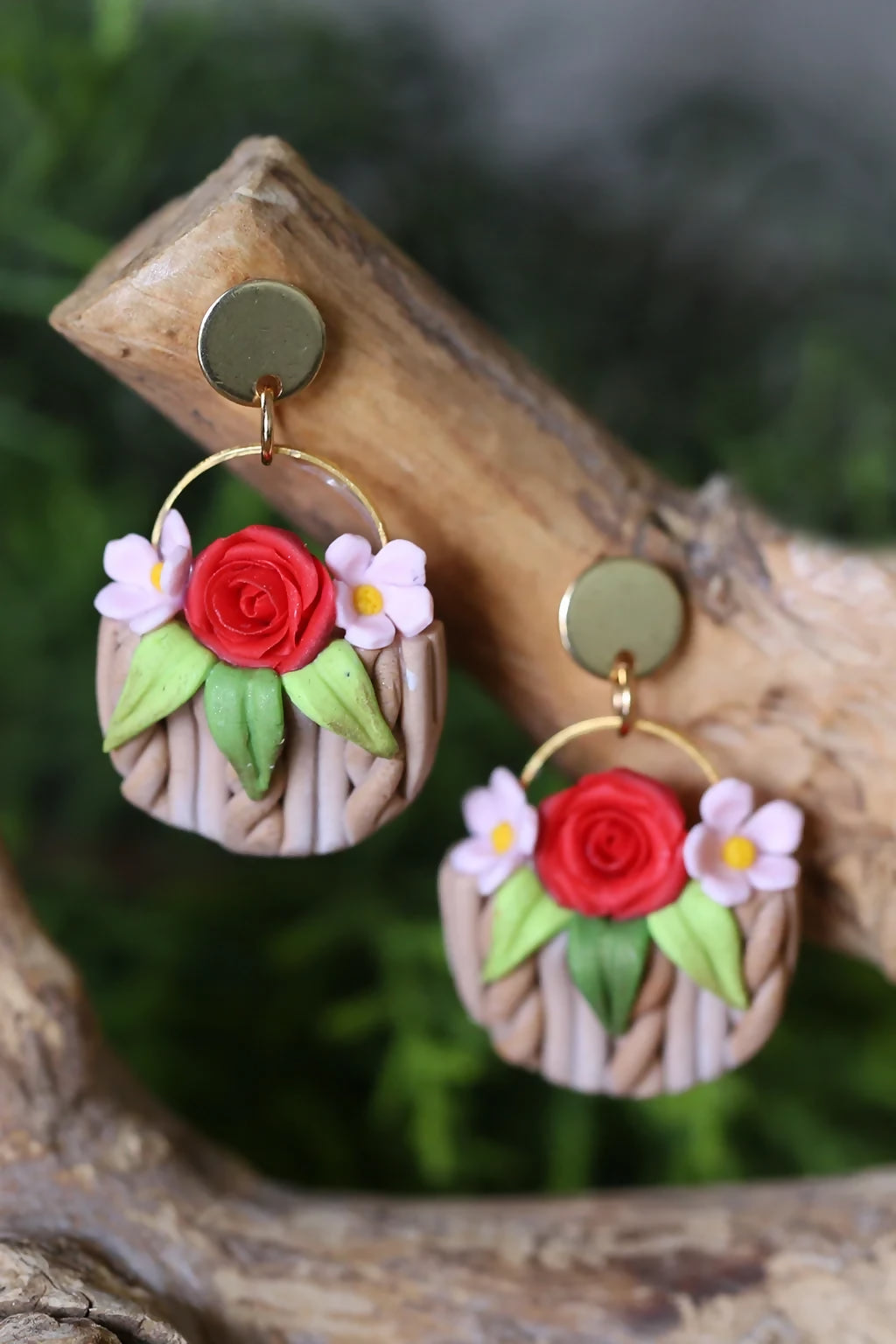 Rosara Earrings – Handmade Polymer Clay Rose Basket Earrings | Lightweight Waterproof Floral Jewelry