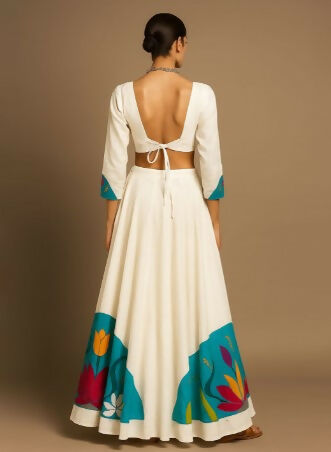 Turquoise Flora Set- Printed V-Neck Ready To Wear Cotton Lehenga & Choli