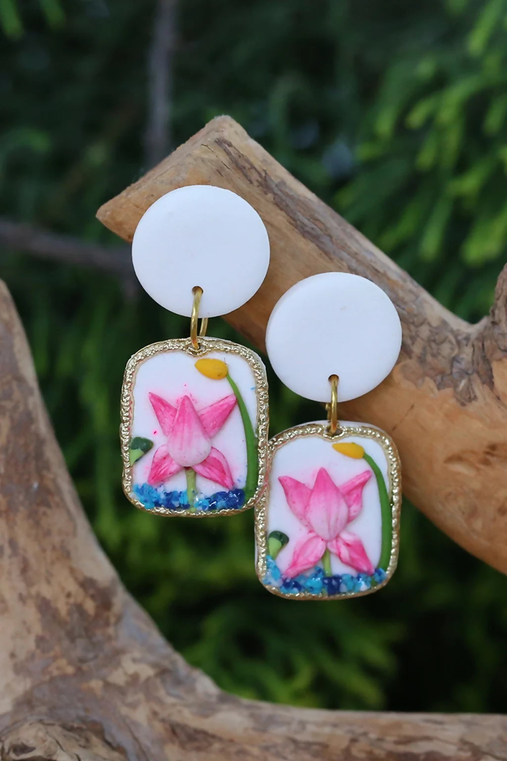 Lotus of Shakti Earrings – Handmade Polymer Clay Lightweight Waterproof Floral Jewelry