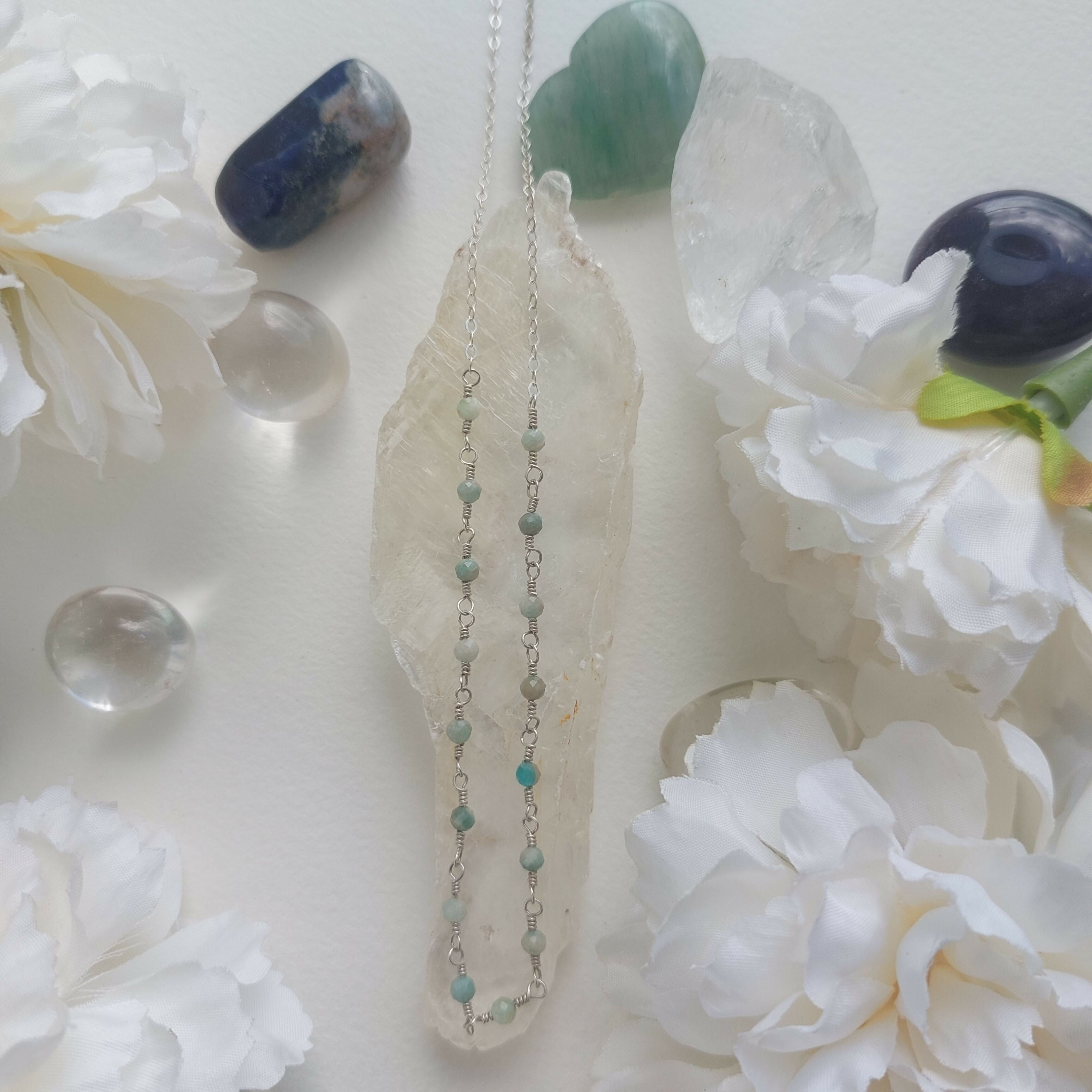 Amazonite wire wrapped handmade sterling silver beaded chain