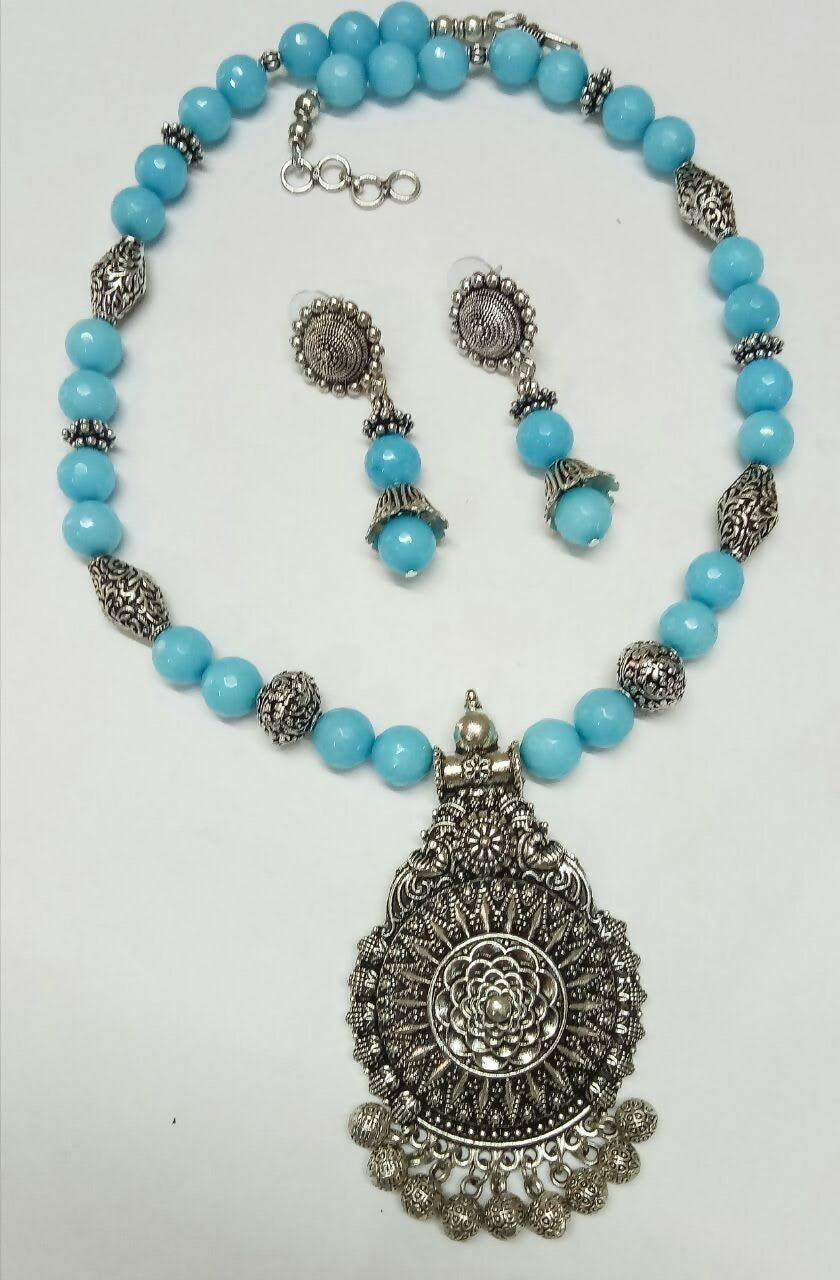 VSky Blue Onyx Beads with Oxidised Round Chakri Pendant with Ghungroos