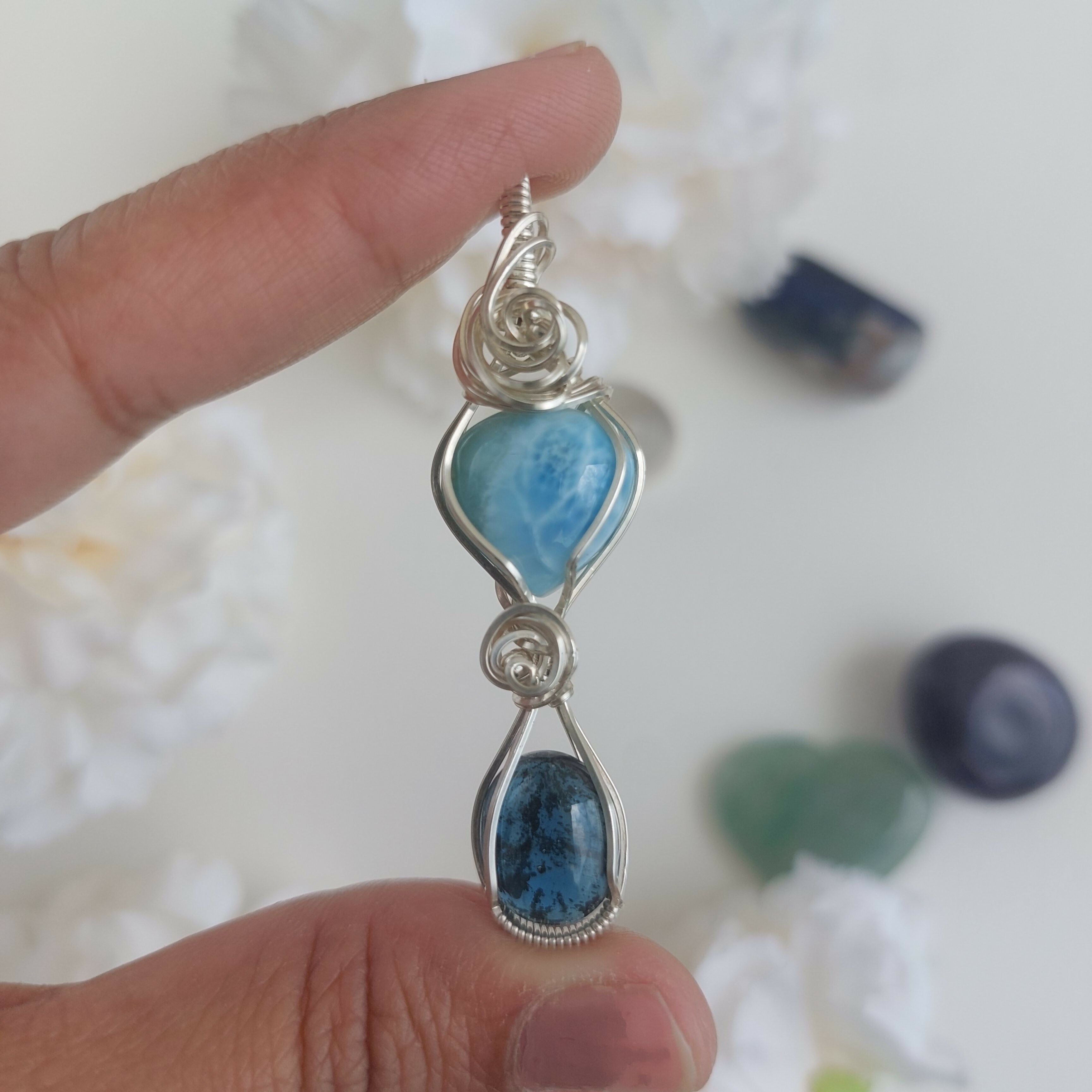 Larimar- teal kyanite double stone sterling silver wire wrapped handmade pendant