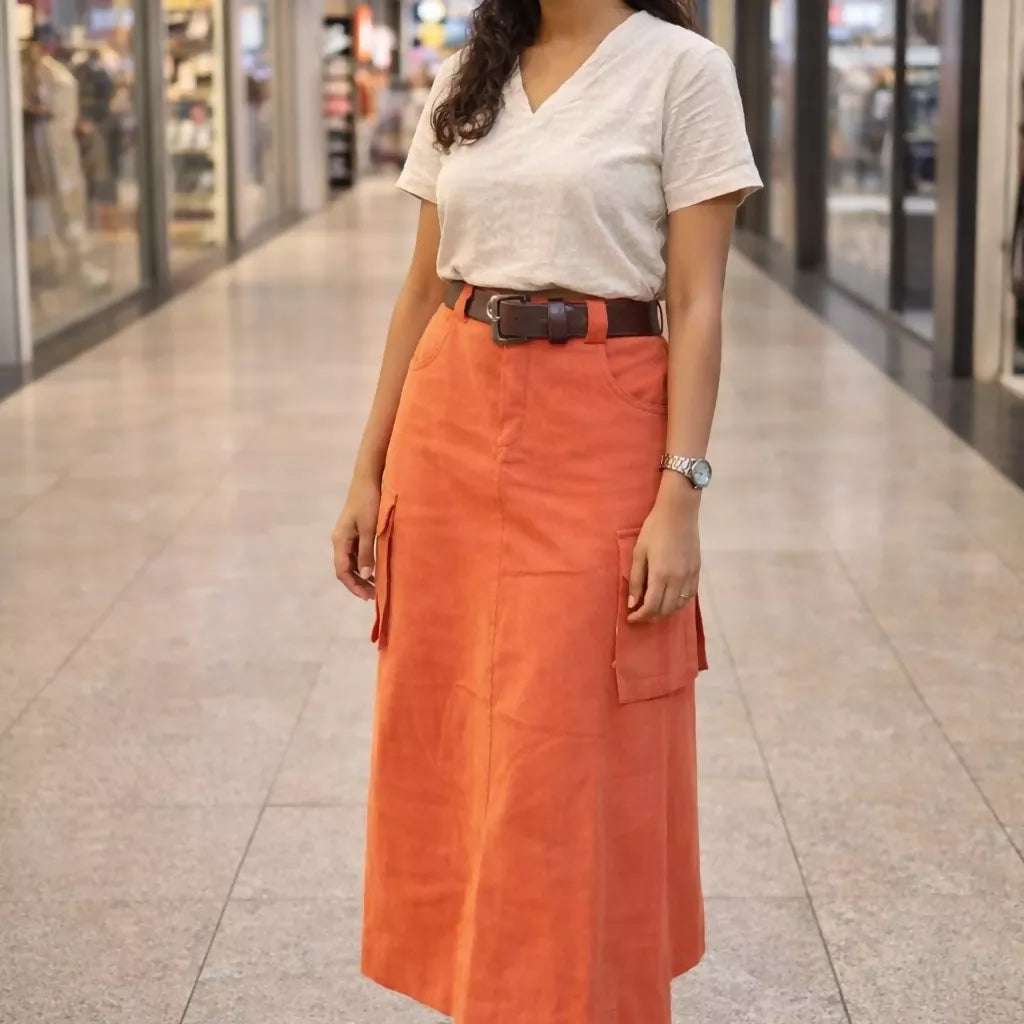 ORANGE GRUNGE - High Waist Bright Saffron Solid Tone Cargo Skirt in knee length .