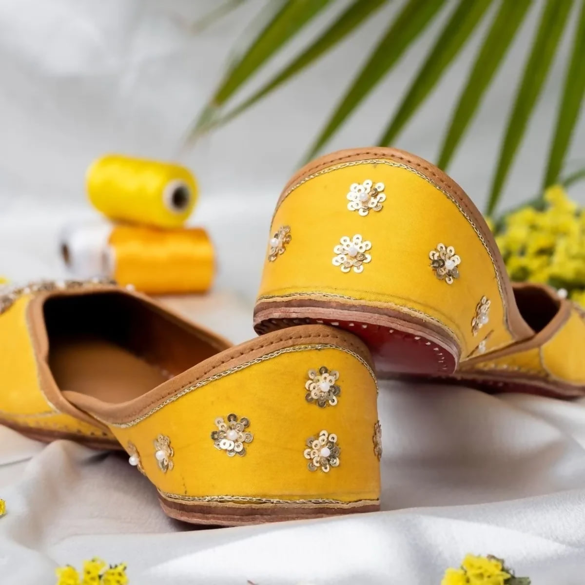 Yellow Anushani Leather Handicrafted Self Design Jutti For Women