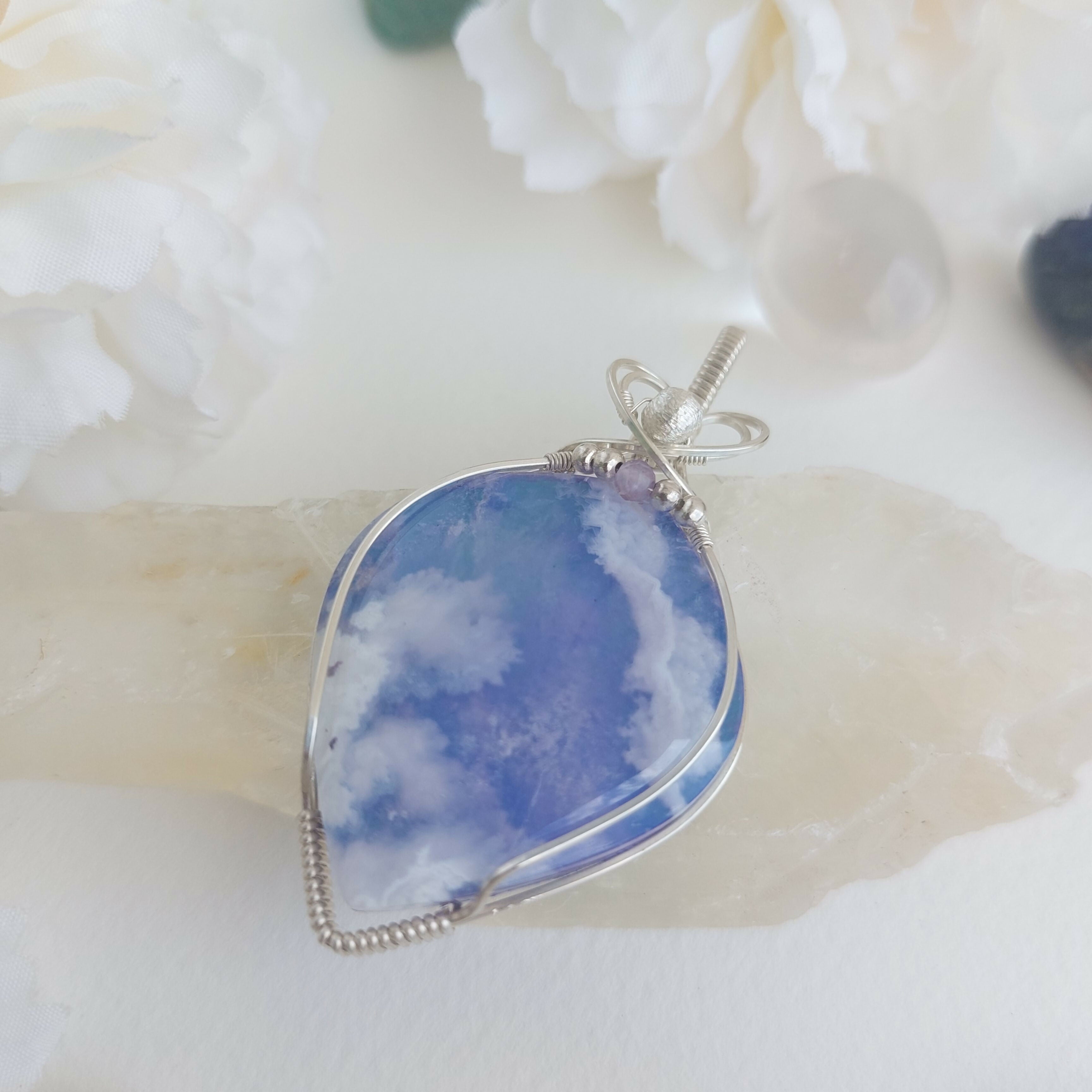 A piece of sky- aurora effect- plume agate doublet sterling silver wire wrapped handmade pendant