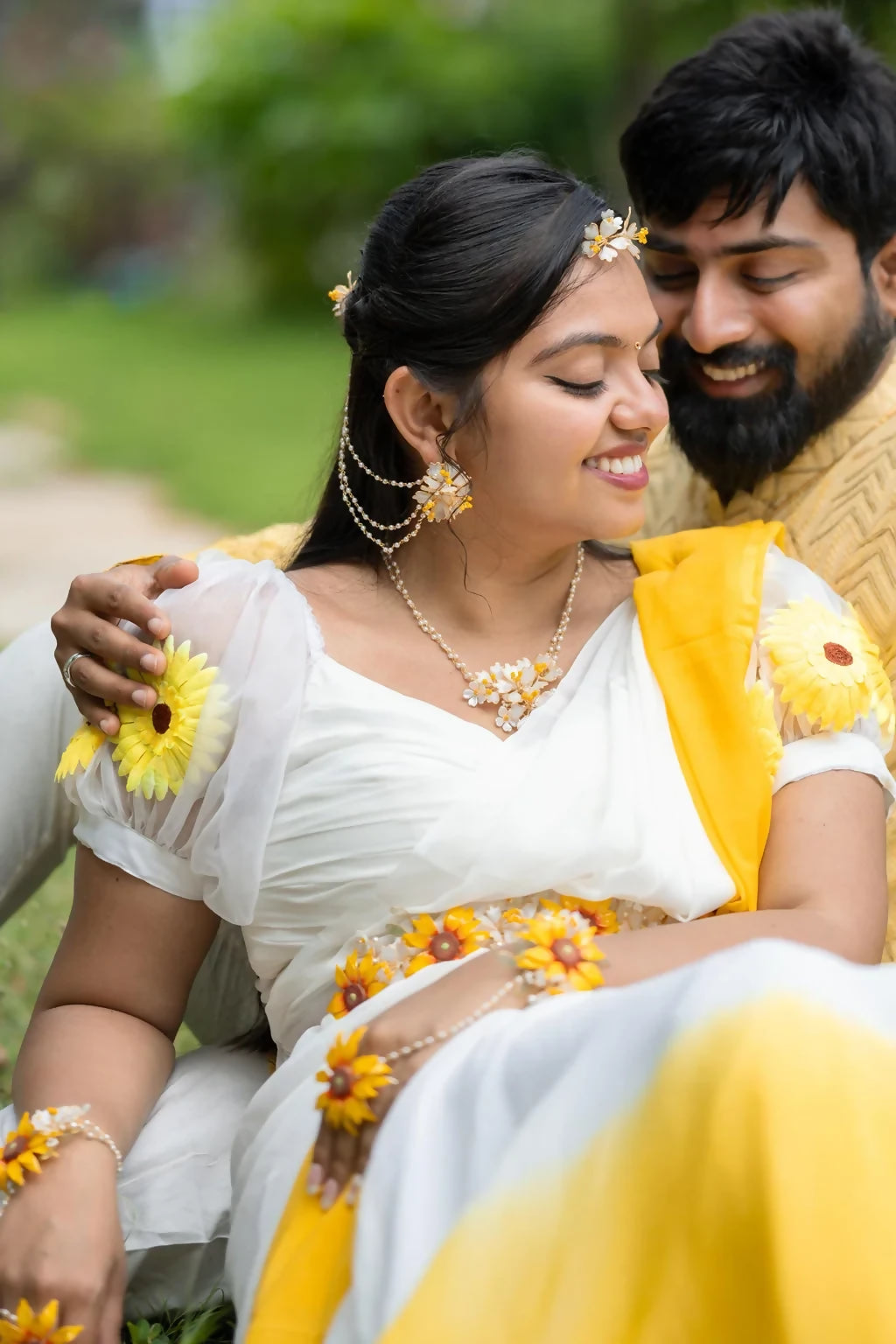 Vaishnavi’s White Blossom – Minimalist Resin Floral Bridal Earrings with Hair Harness | Sunflower Serenity Collection