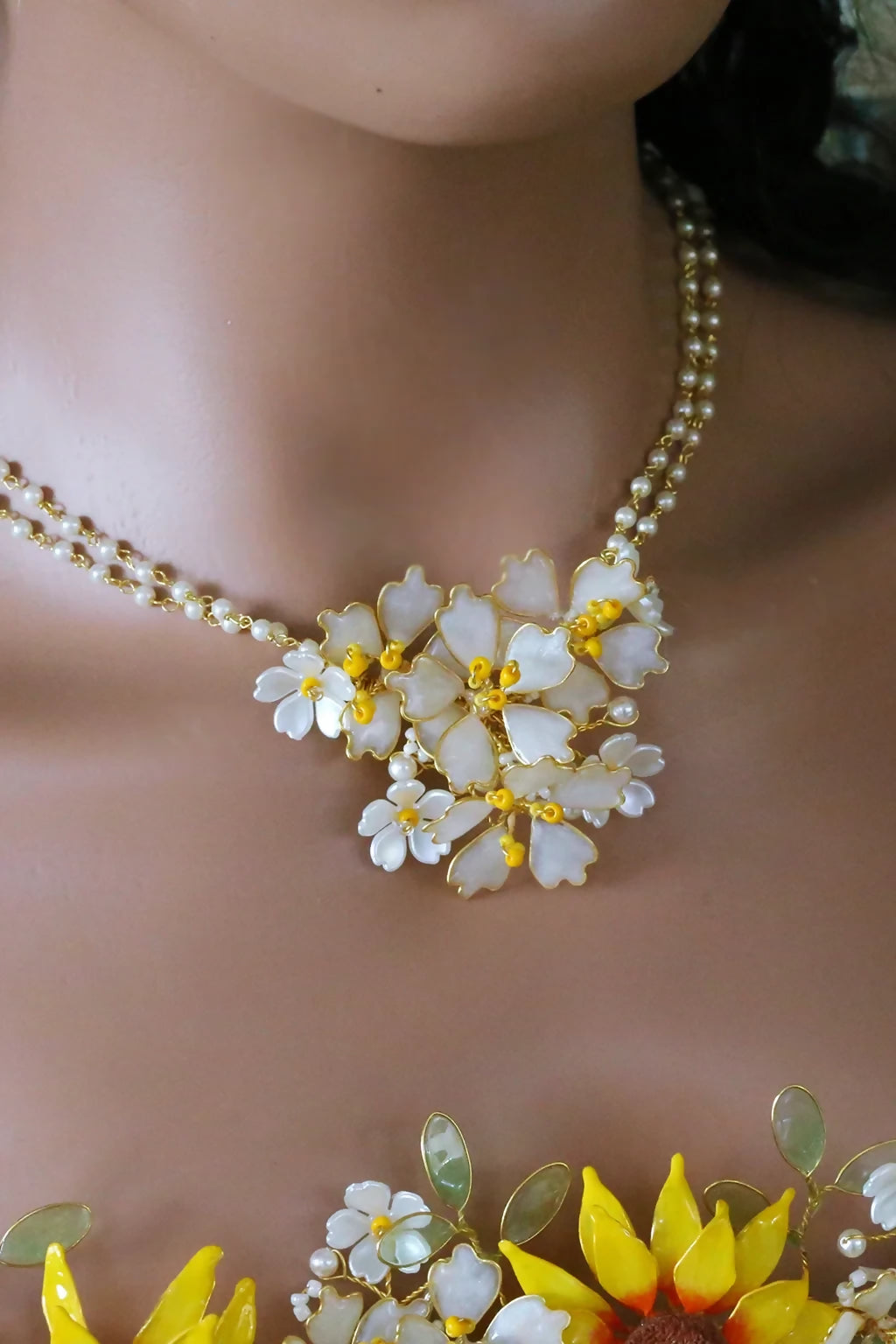 Vaishnavi’s White Blossom Necklace – Minimalist Resin Floral Bridal Necklace from the Sunflower Serenity Collection