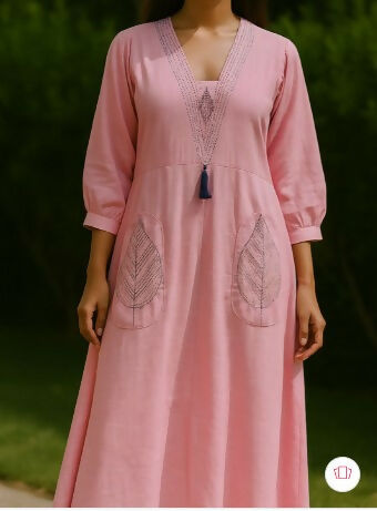 Rosewood Tassel Midi - Women Blush Leaf Embroidered Tunic Dress