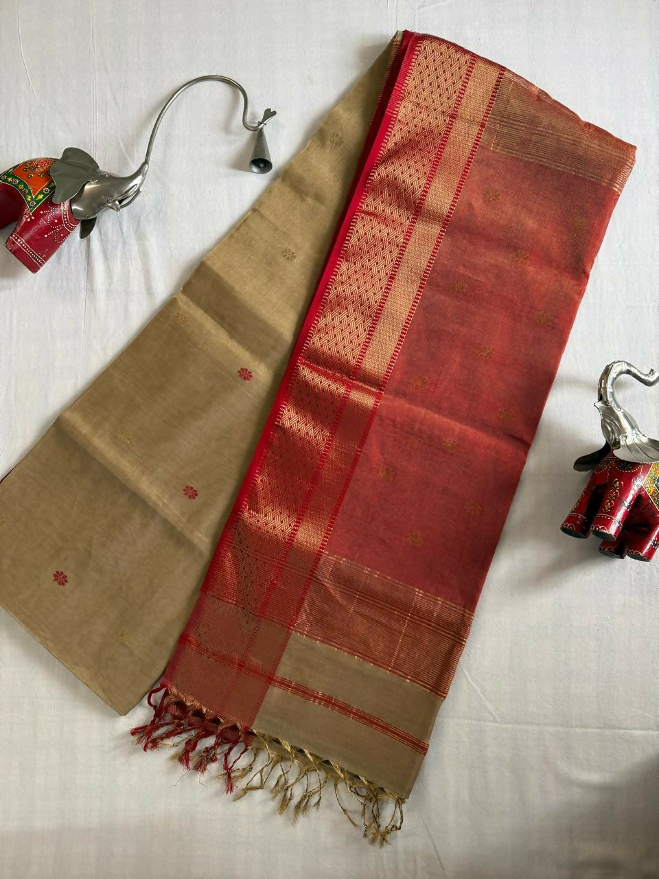 Beige & Rust Zari Silk