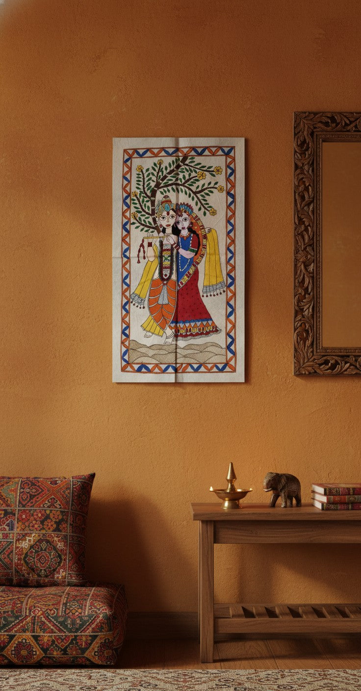 Radha+Krishna Painting — Madhubani Hand-Painted Artwork