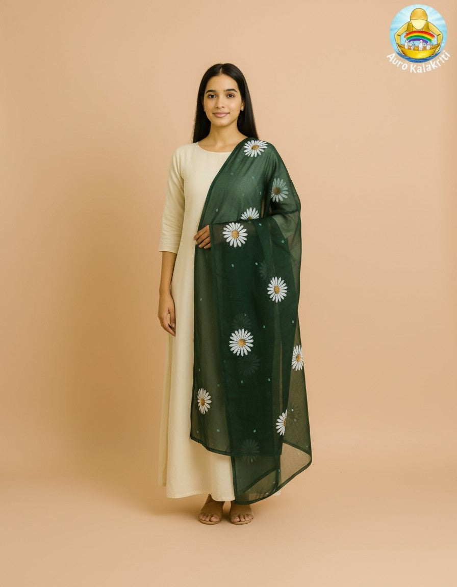 Forest Bloom Organza Dupatta – Hand-Painted Floral Art for Elegant Festive Looks