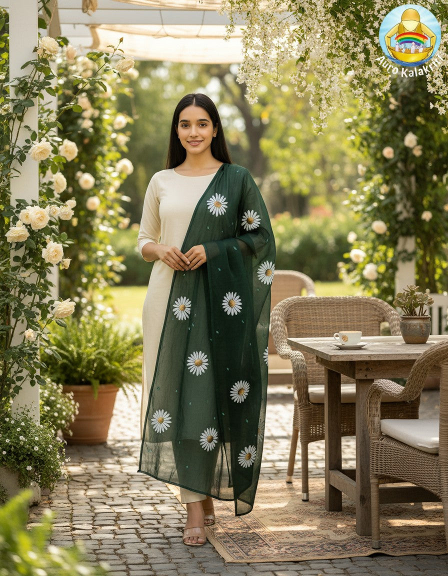 Forest Bloom Organza Dupatta – Hand-Painted Floral Art for Elegant Festive Looks