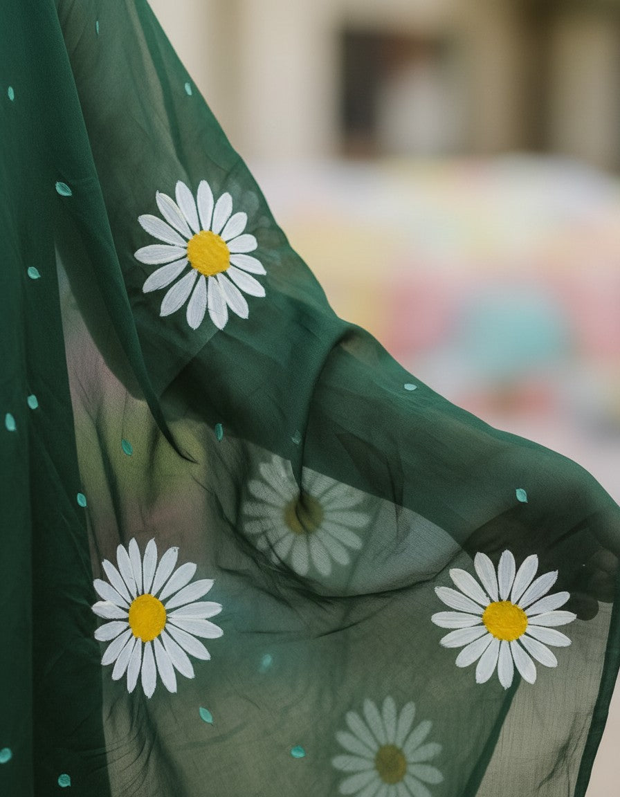 Forest Bloom Organza Dupatta – Hand-Painted Floral Art for Elegant Festive Looks