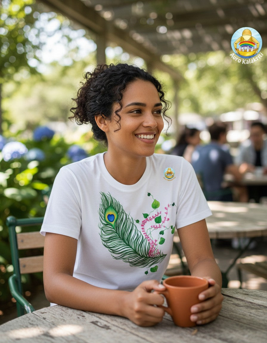 Mayuri Feather Tee — Hand-Painted Peacock Feather & Floral T-Shirt